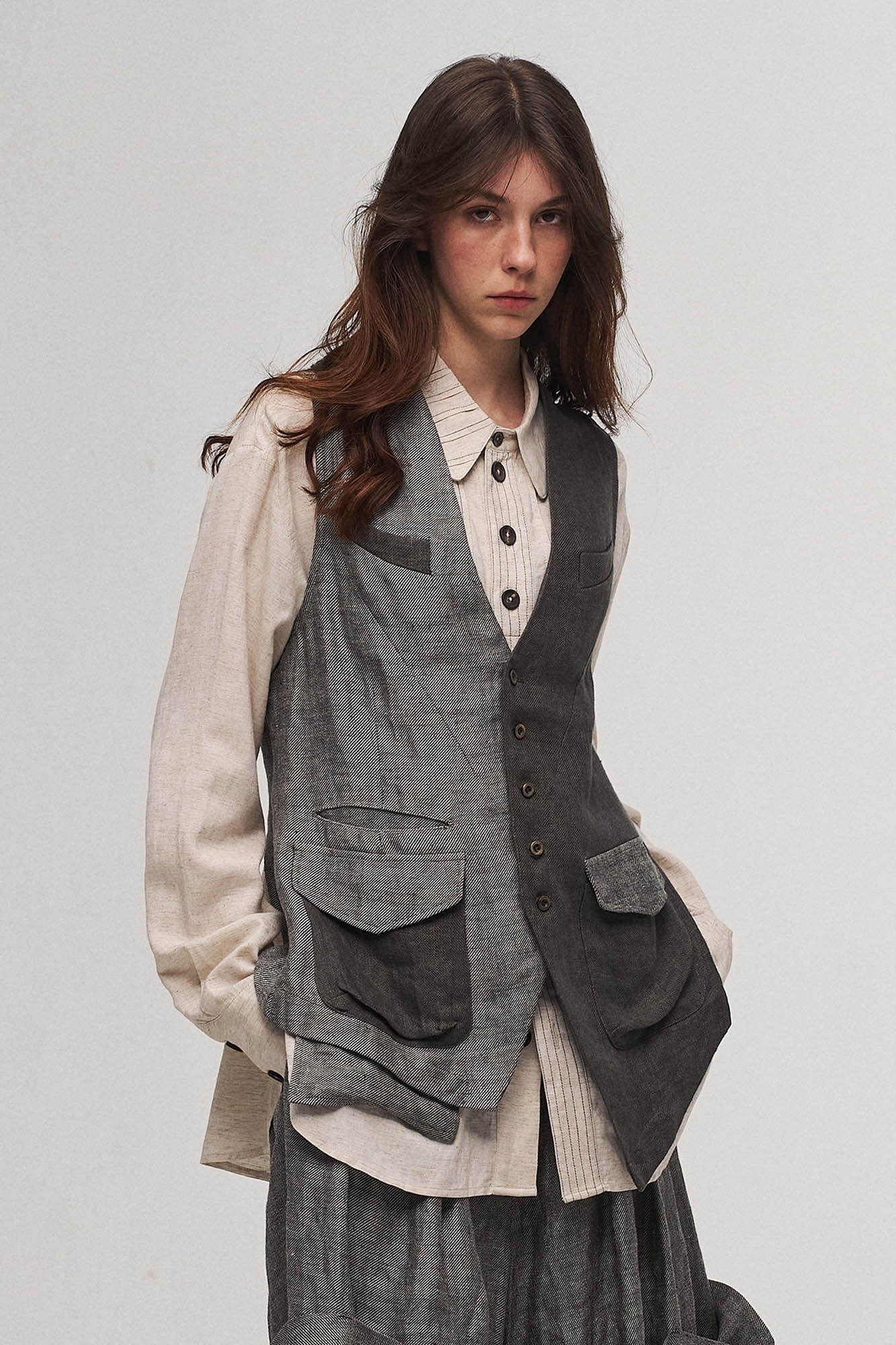 ILNya Nieternite Nifutur Asymmetrical Panelled Contrast Back-Tie Vest Gray, premium urban and streetwear designers apparel on PROJECTISR.com, ILNya Nieternite Nifutur