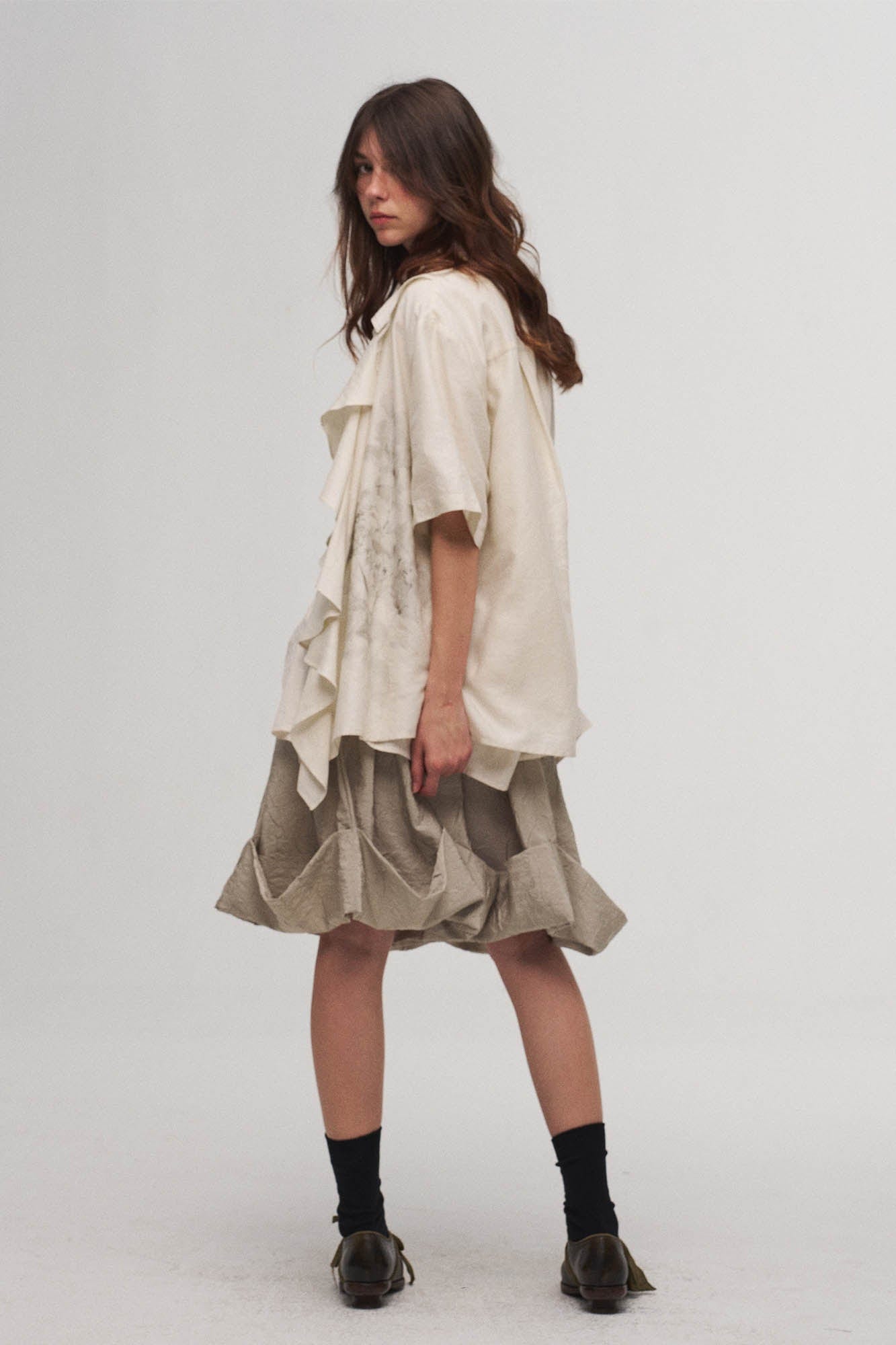 ILNya Nieternite Nifutur Asymmetrical Ruffle Iris Half Shirt, premium urban and streetwear designers apparel on PROJECTISR.com, ILNya Nieternite Nifutur