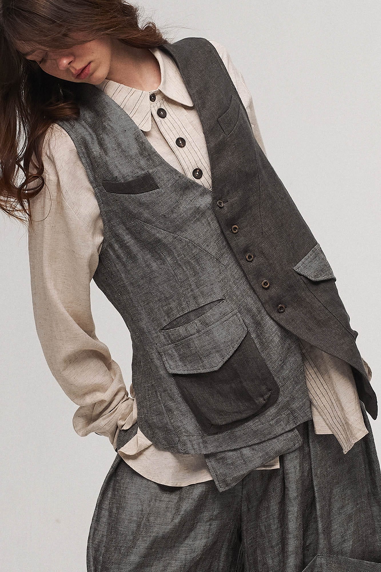 ILNya Nieternite Nifutur Asymmetrical Panelled Contrast Back-Tie Vest Gray, premium urban and streetwear designers apparel on PROJECTISR.com, ILNya Nieternite Nifutur