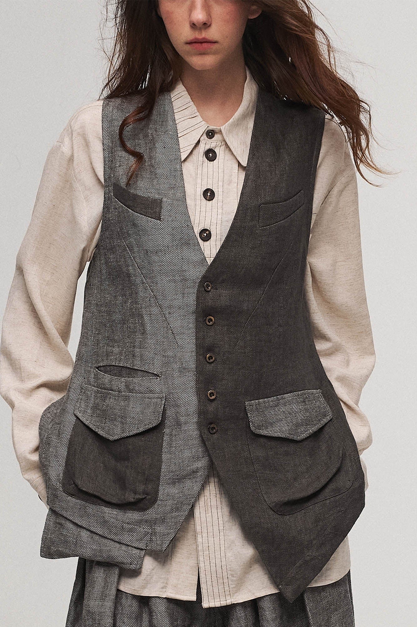ILNya Nieternite Nifutur Asymmetrical Panelled Contrast Back-Tie Vest Gray, premium urban and streetwear designers apparel on PROJECTISR.com, ILNya Nieternite Nifutur