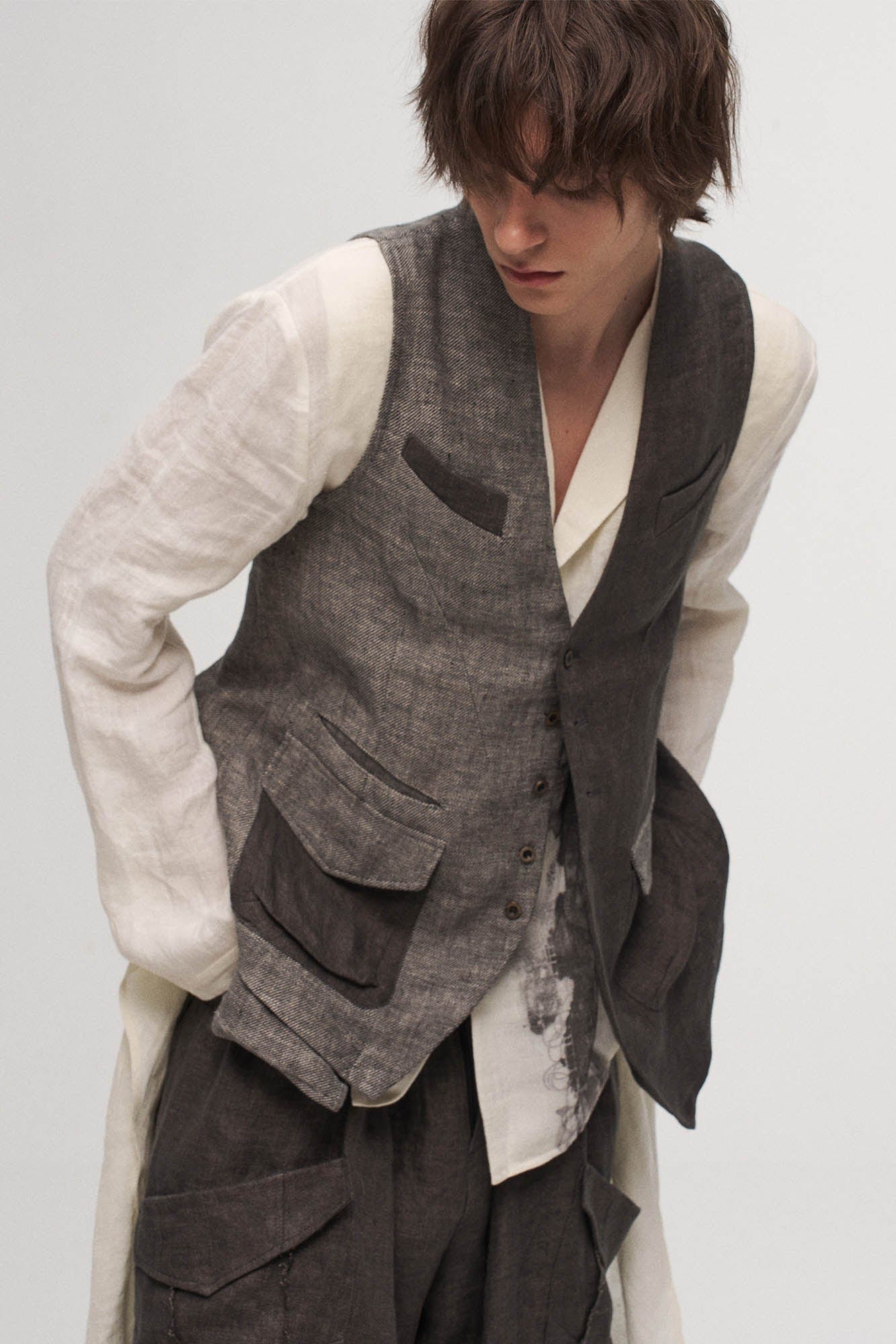 ILNya Nieternite Nifutur Asymmetrical Panelled Contrast Back-Tie Vest Gray, premium urban and streetwear designers apparel on PROJECTISR.com, ILNya Nieternite Nifutur