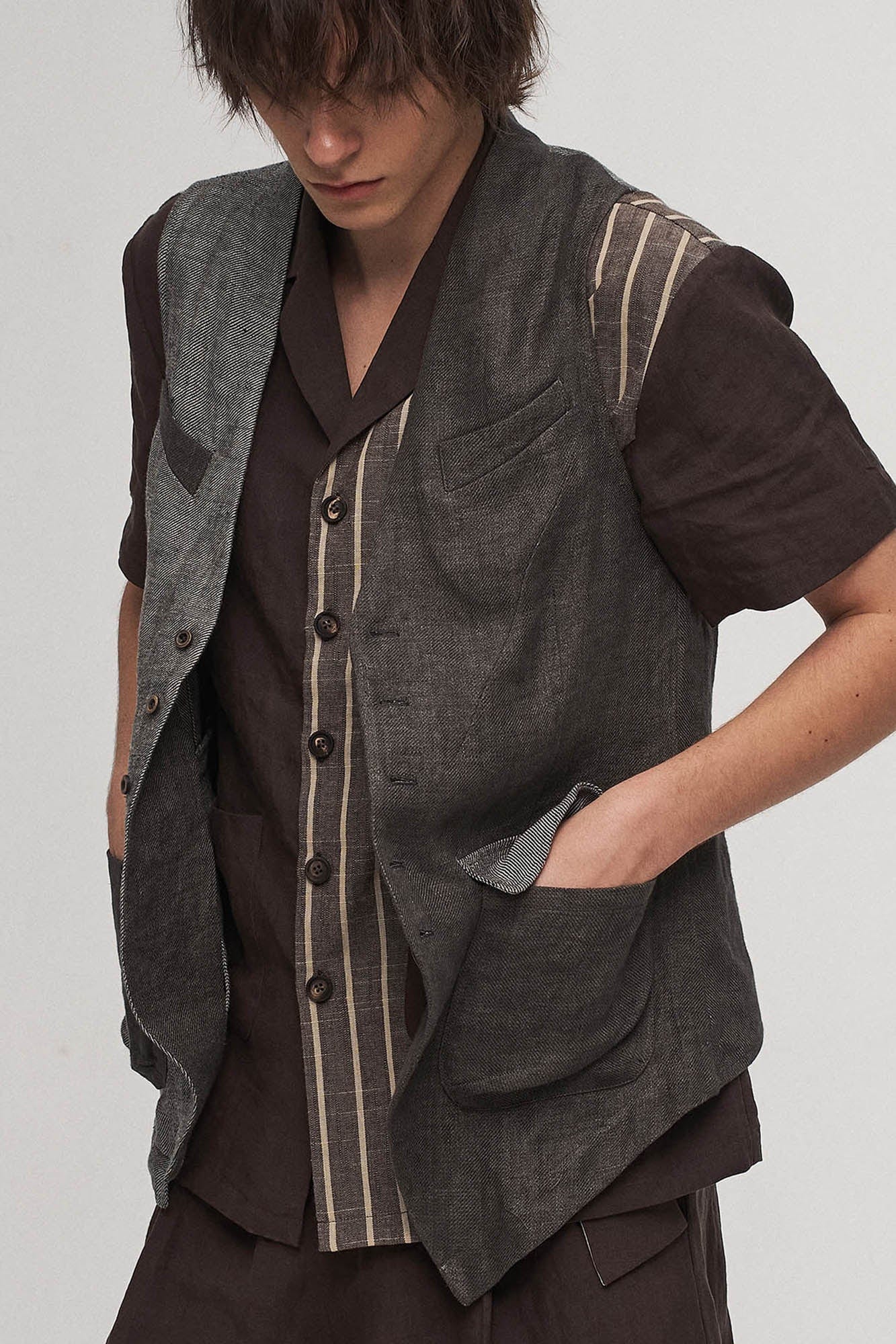 ILNya Nieternite Nifutur Asymmetrical Panelled Contrast Back-Tie Vest Gray, premium urban and streetwear designers apparel on PROJECTISR.com, ILNya Nieternite Nifutur
