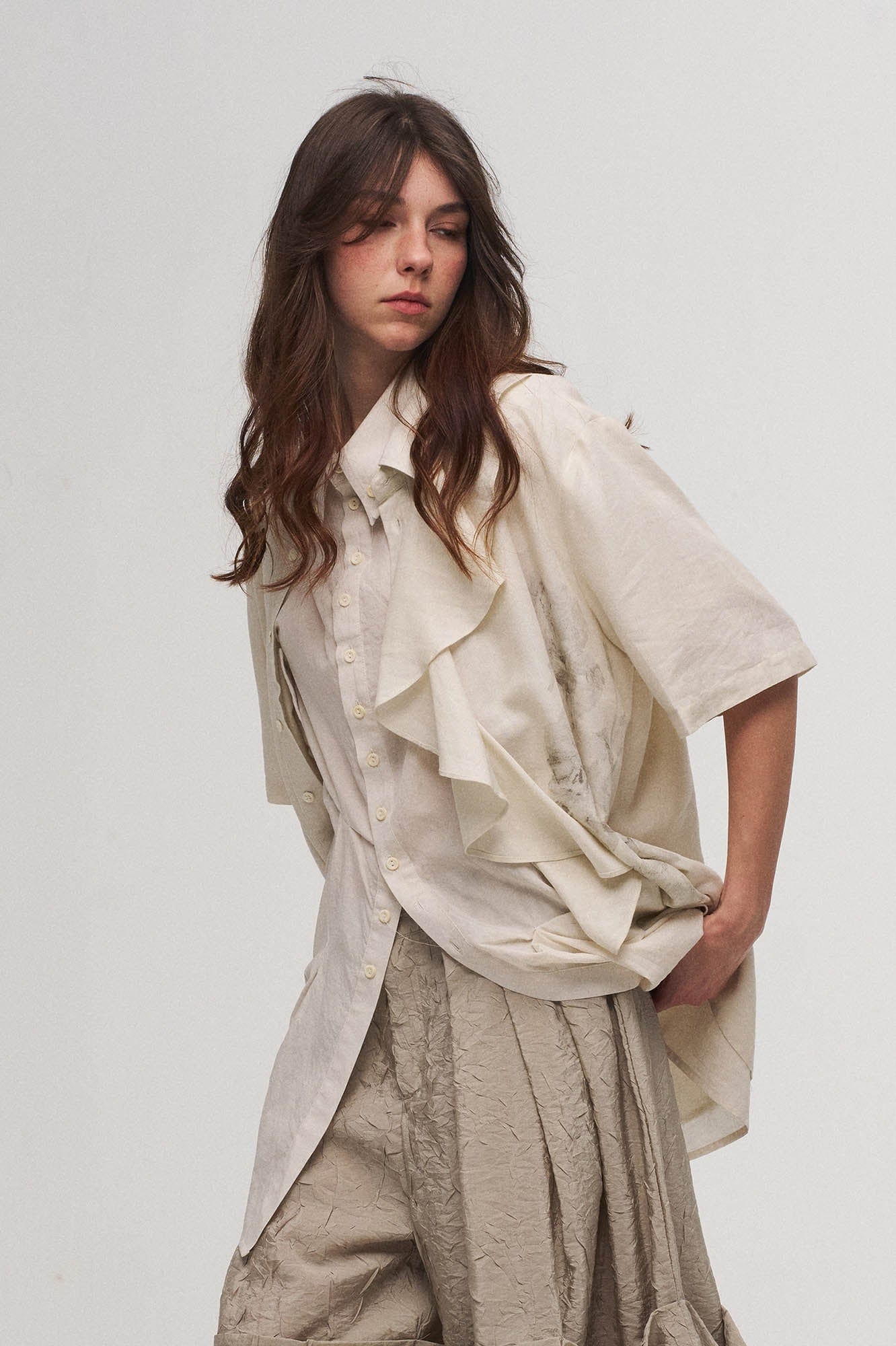 ILNya Nieternite Nifutur Asymmetrical Ruffle Iris Half Shirt, premium urban and streetwear designers apparel on PROJECTISR.com, ILNya Nieternite Nifutur