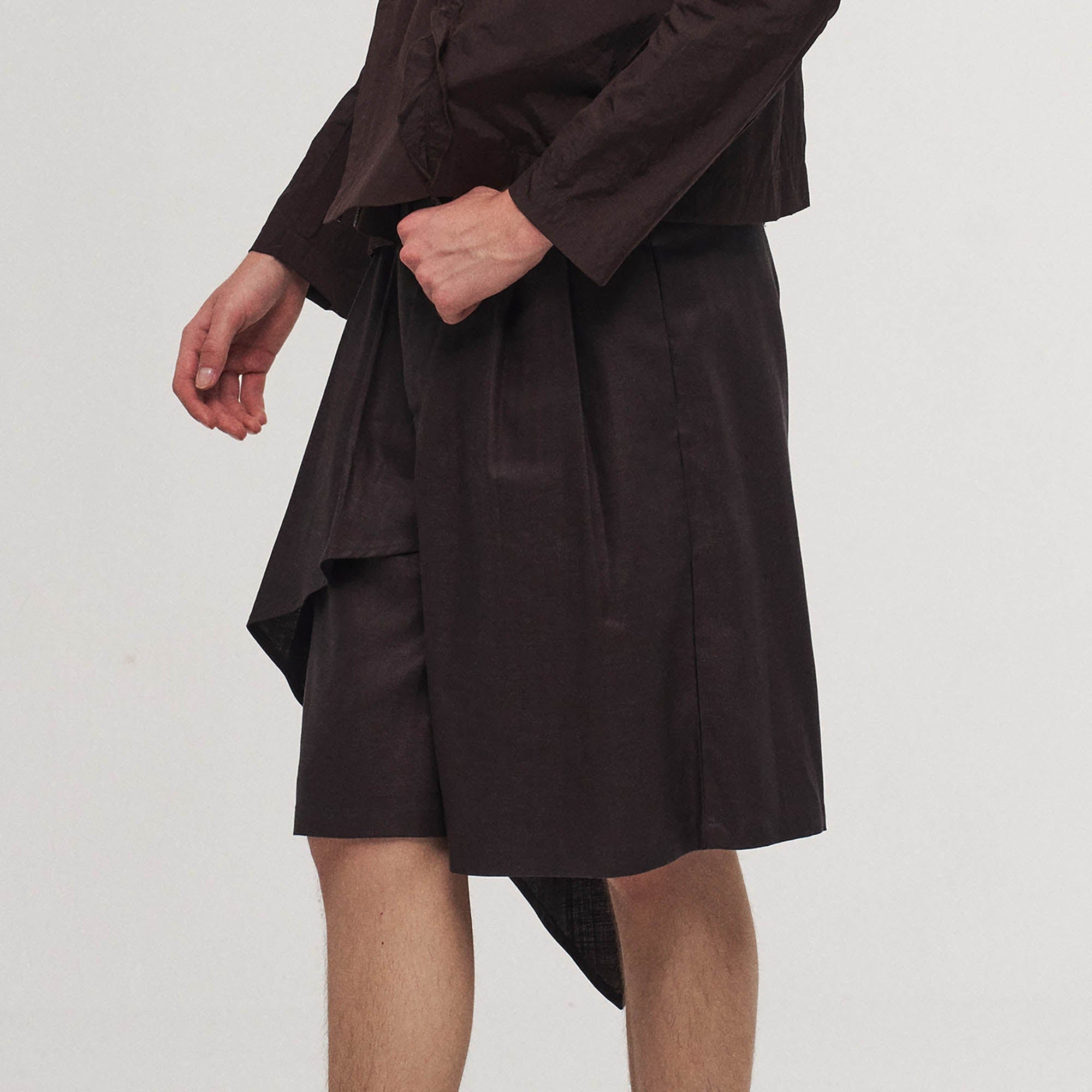 ILNya Nieternite Nifutur Asymmetrical Draped Pleated Shorts, premium urban and streetwear designers apparel on PROJECTISR.com, ILNya Nieternite Nifutur