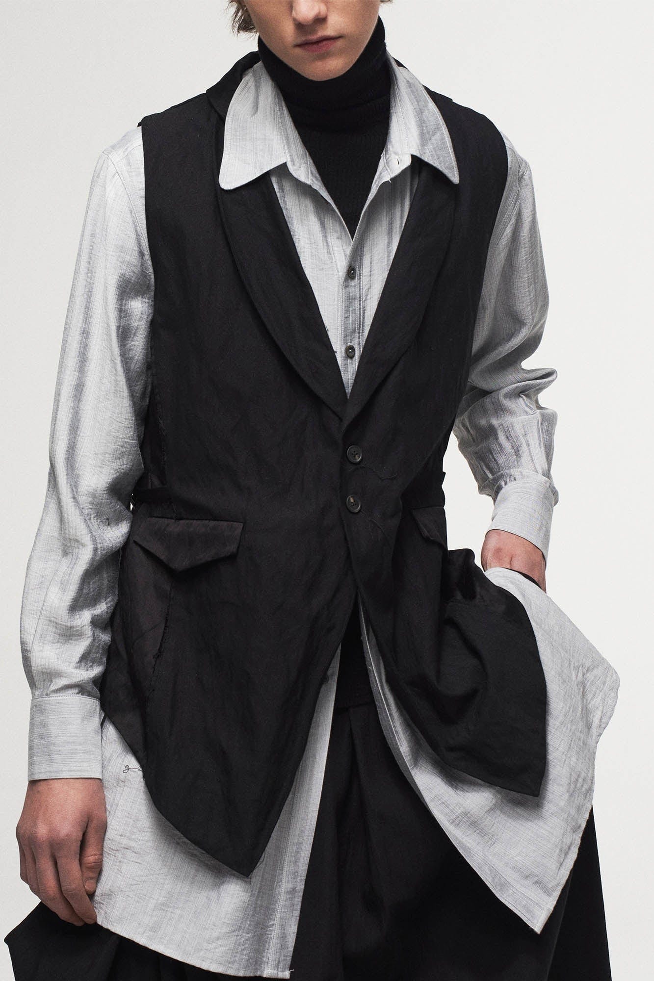 ILNya Nieternite Nifutur Asymmetrical Shawl Collar Belted Crinkled Vest, premium urban and streetwear designers apparel on PROJECTISR.com, ILNya Nieternite Nifutur