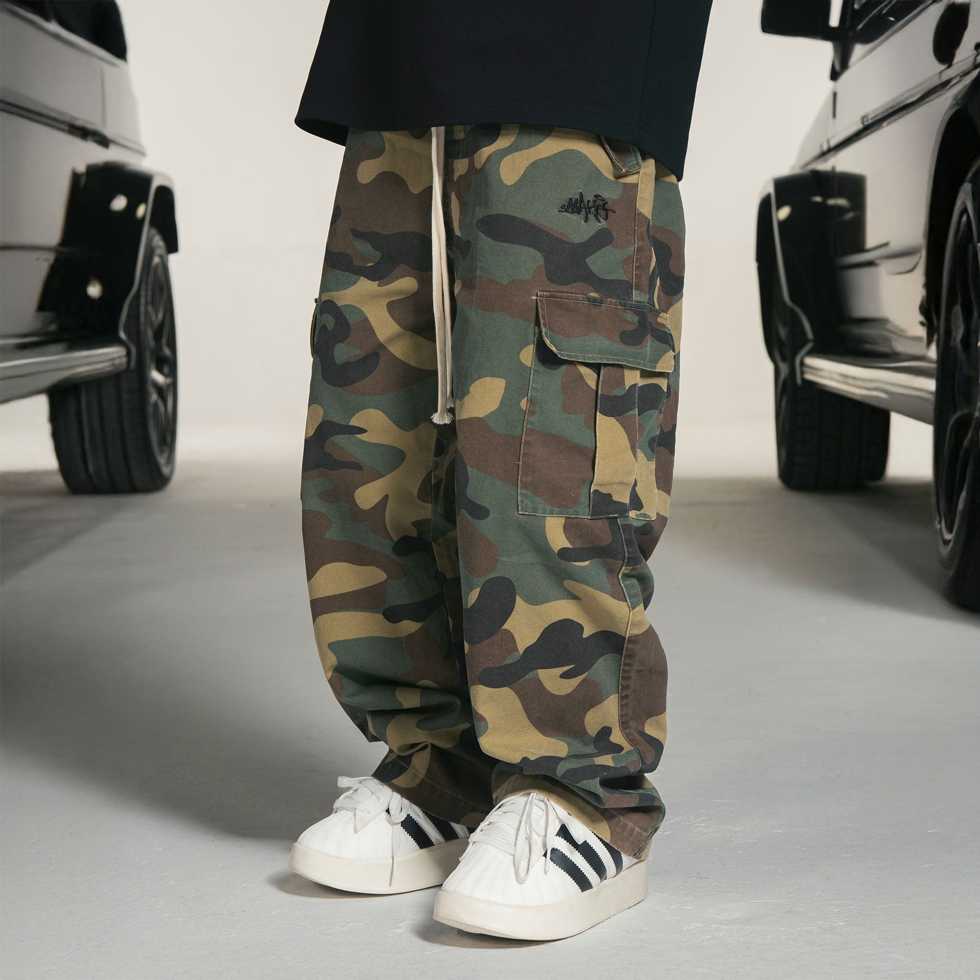 MAKEMORE Camo Drawstring Cargo Sweatpants, premium urban and streetwear designers apparel on PROJECTISR.com, MAKEMORE