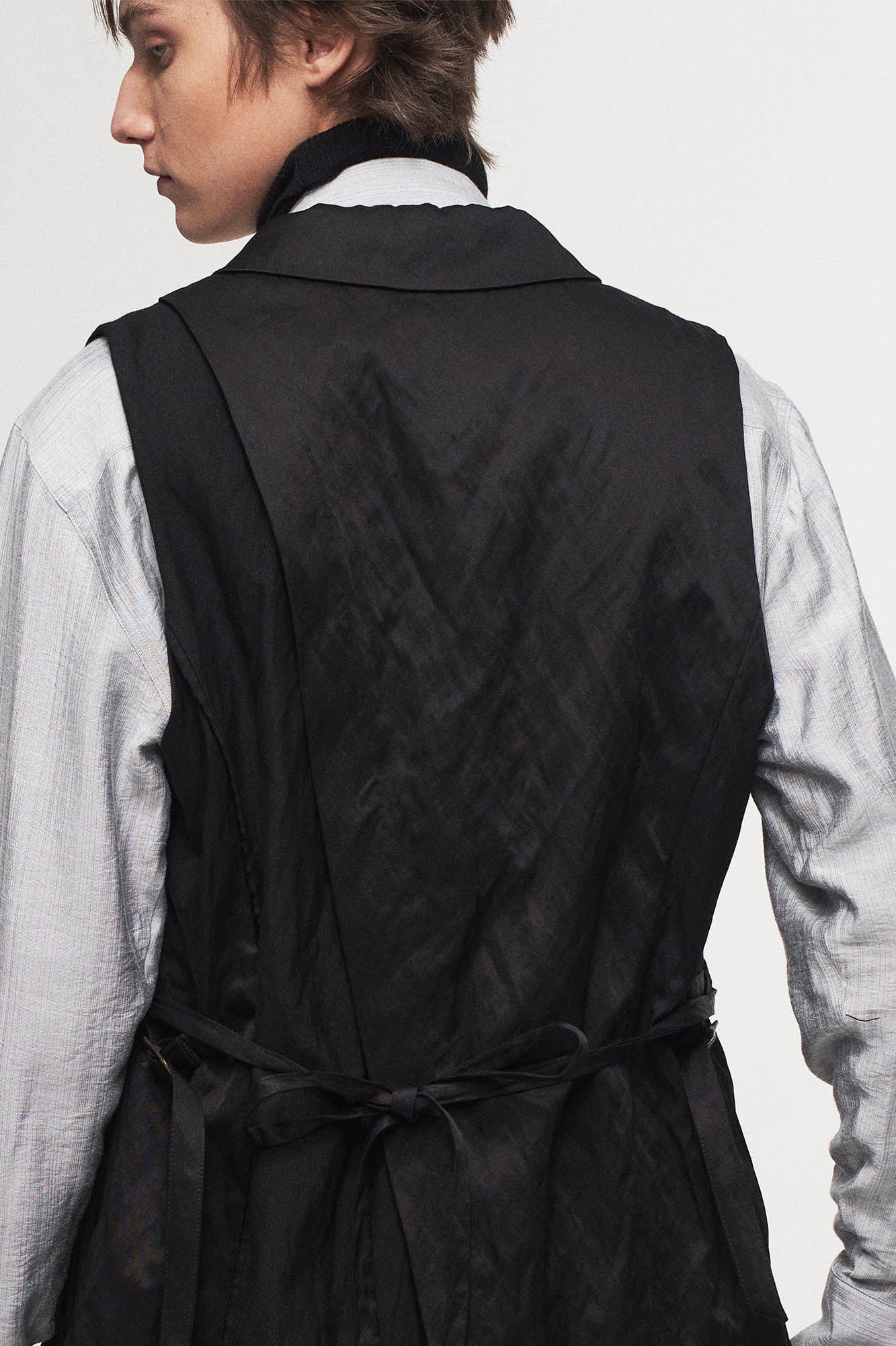 ILNya Nieternite Nifutur Asymmetrical Shawl Collar Belted Crinkled Vest, premium urban and streetwear designers apparel on PROJECTISR.com, ILNya Nieternite Nifutur