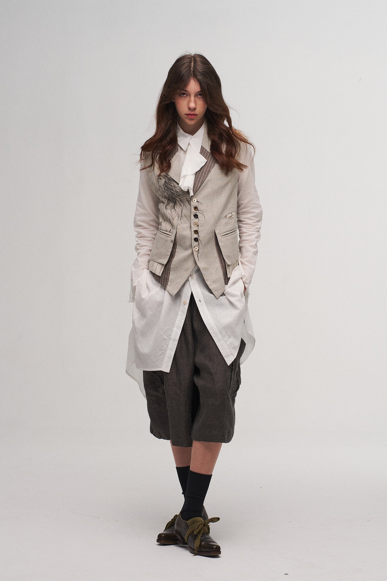 ILNya Nieternite Nifutur Ruched Waist Ruffle-Neck Long Shirt, premium urban and streetwear designers apparel on PROJECTISR.com, ILNya Nieternite Nifutur