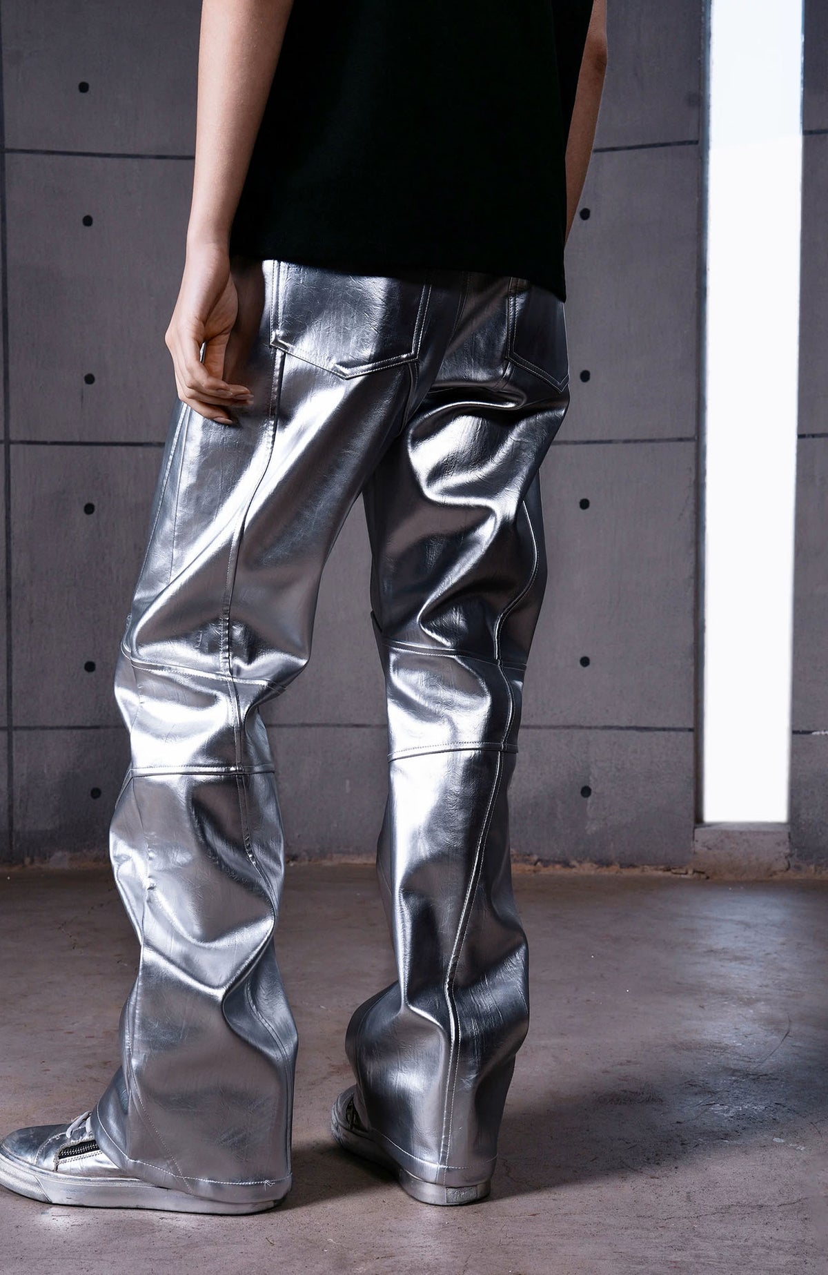 REBEL WAVE Silver Liquid Faux Leather Straight-Leg Pants