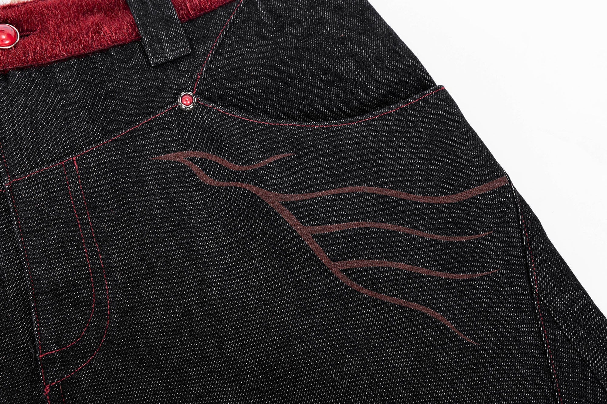 ESAIAS Vermilion Stitch Red Turquoise Curved Denim Pants, premium urban and streetwear designers apparel on PROJECTISR.com, ESAIAS