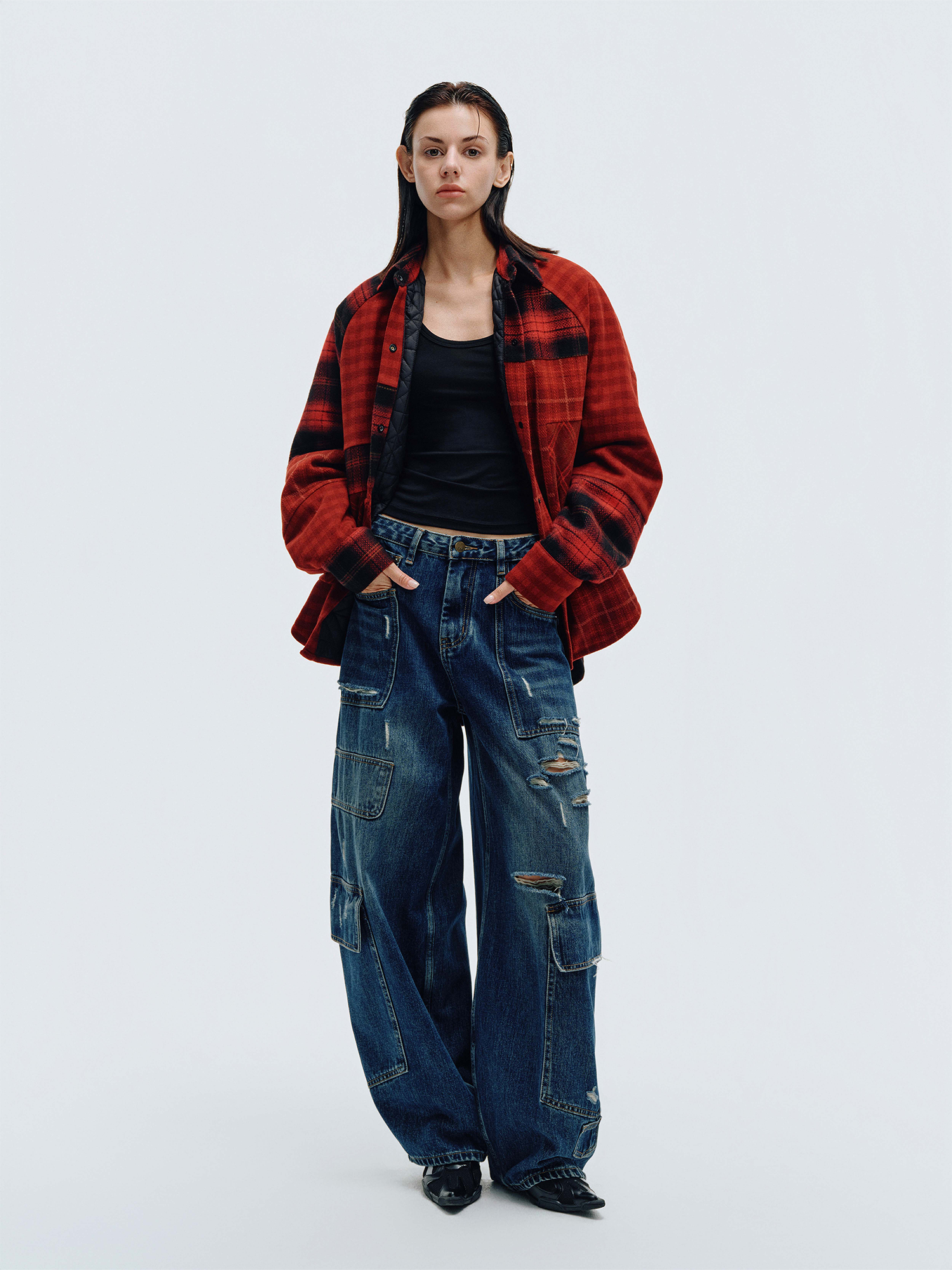 HAHAHA Washed Distressed Multi-Pocket Wide-Leg Jeans