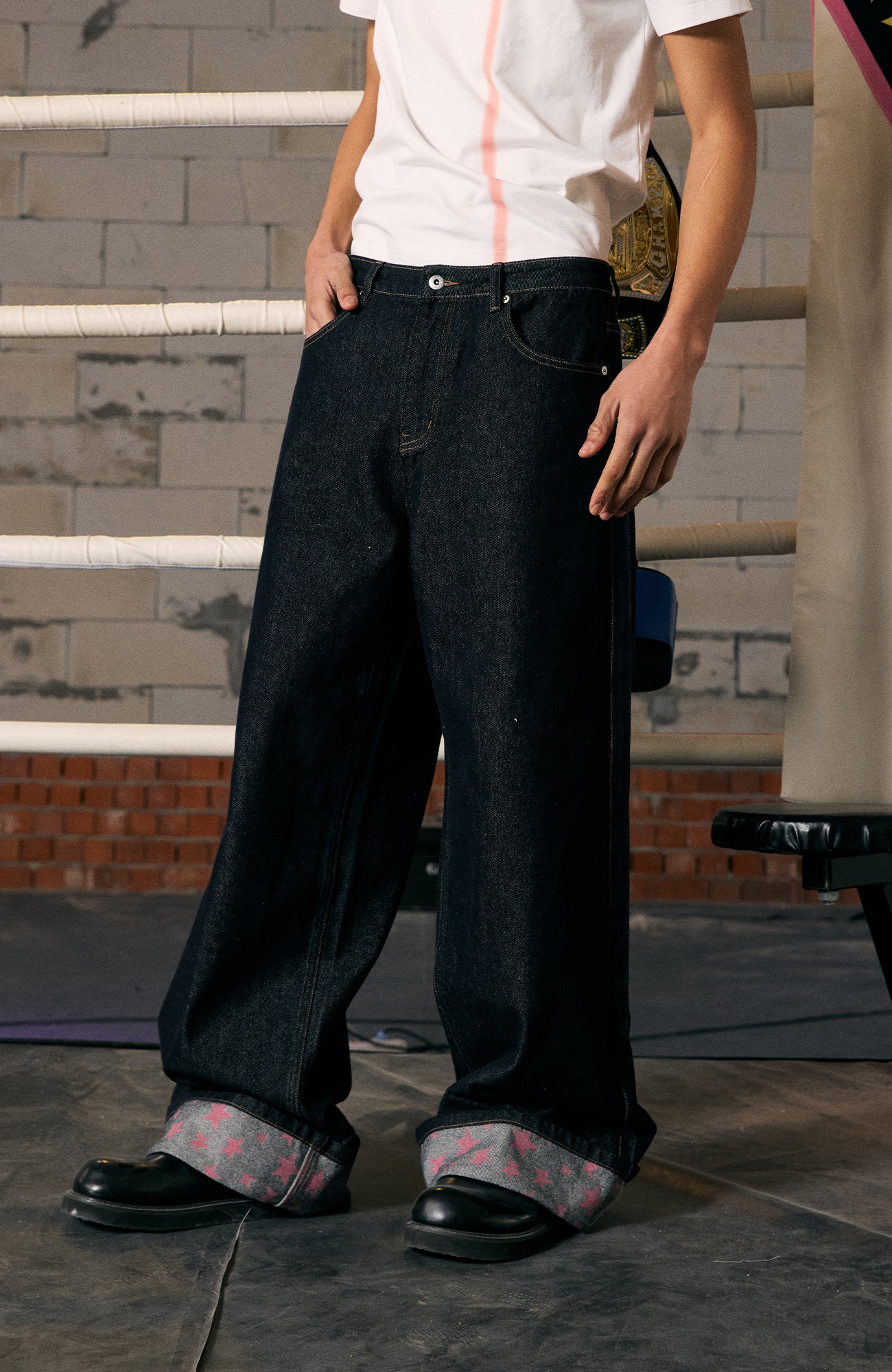 DONSMOKE Wide-Leg Star/ Leopard Cuffed Jeans, premium urban and streetwear designers apparel on PROJECTISR.com, DONSMOKE