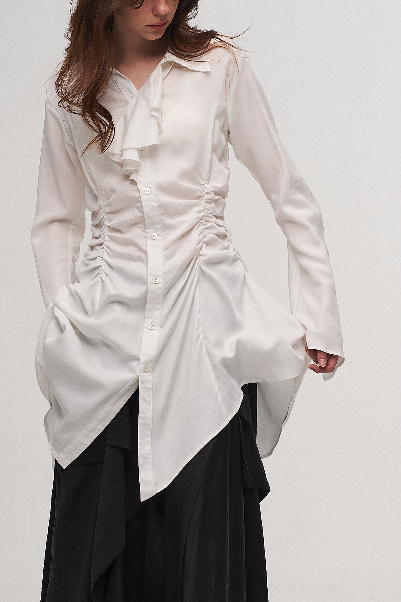 ILNya Nieternite Nifutur Ruched Waist Ruffle-Neck Long Shirt, premium urban and streetwear designers apparel on PROJECTISR.com, ILNya Nieternite Nifutur
