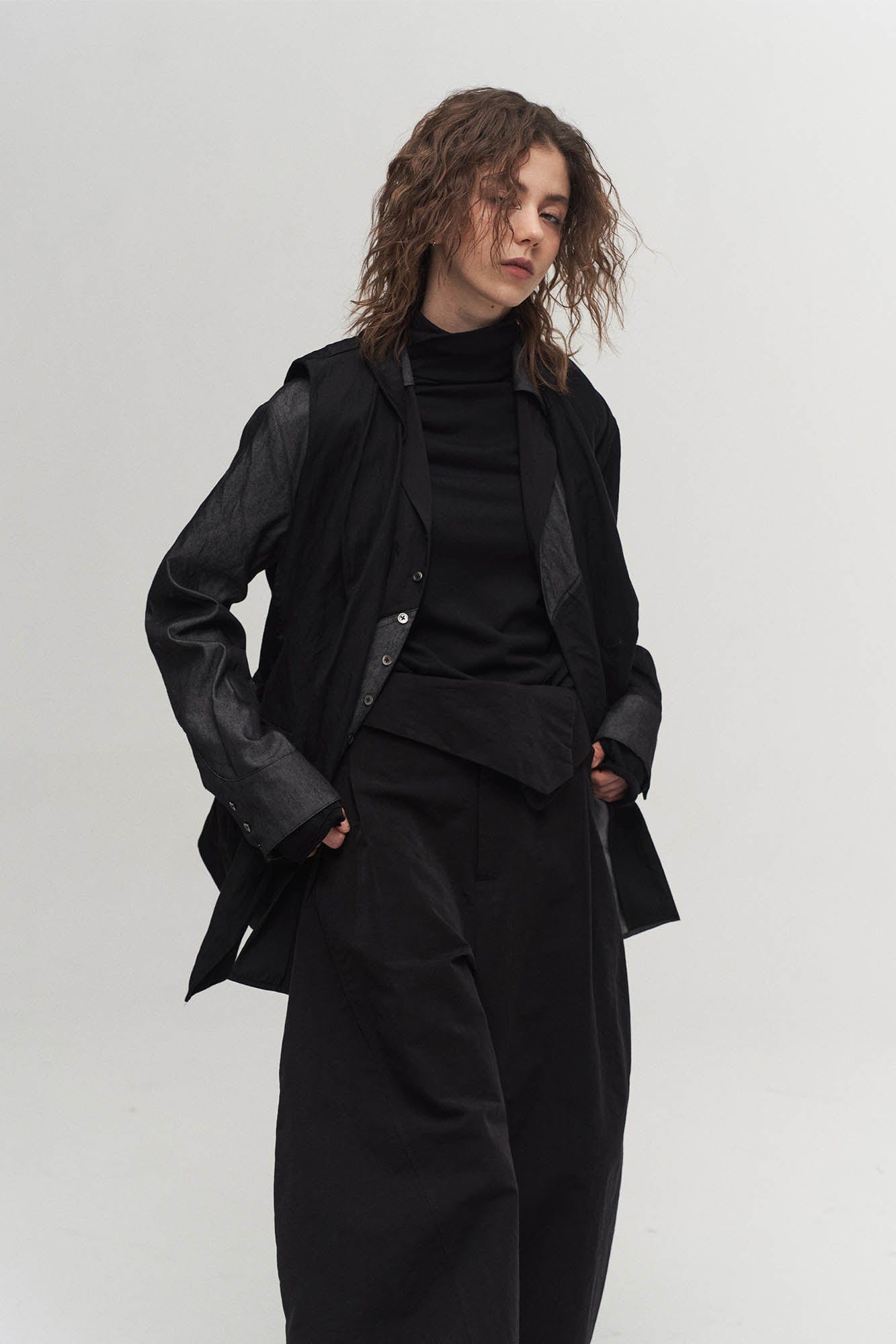 ILNya Nieternite Nifutur Asymmetrical Shawl Collar Belted Crinkled Vest, premium urban and streetwear designers apparel on PROJECTISR.com, ILNya Nieternite Nifutur