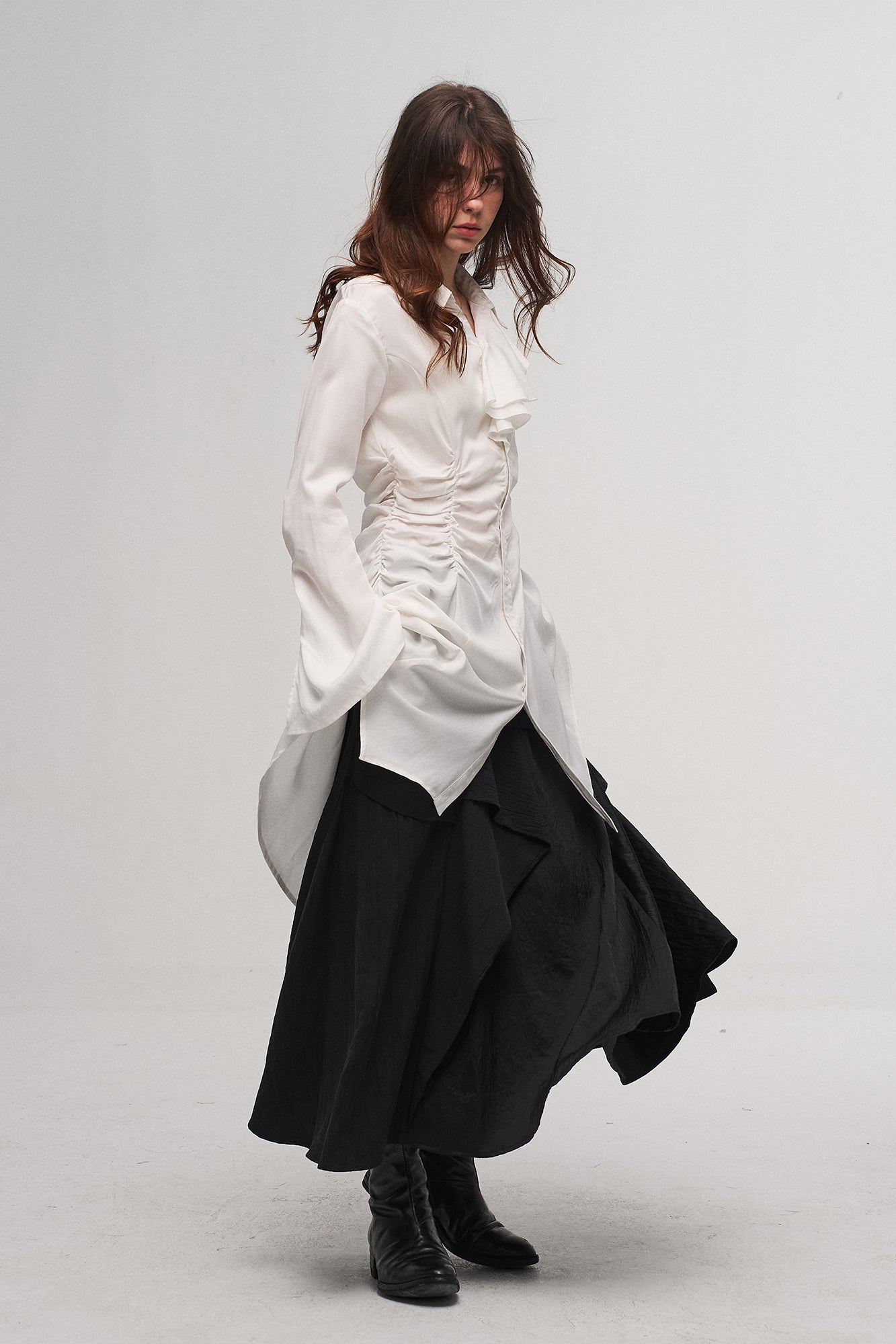 ILNya Nieternite Nifutur Ruched Waist Ruffle-Neck Long Shirt, premium urban and streetwear designers apparel on PROJECTISR.com, ILNya Nieternite Nifutur