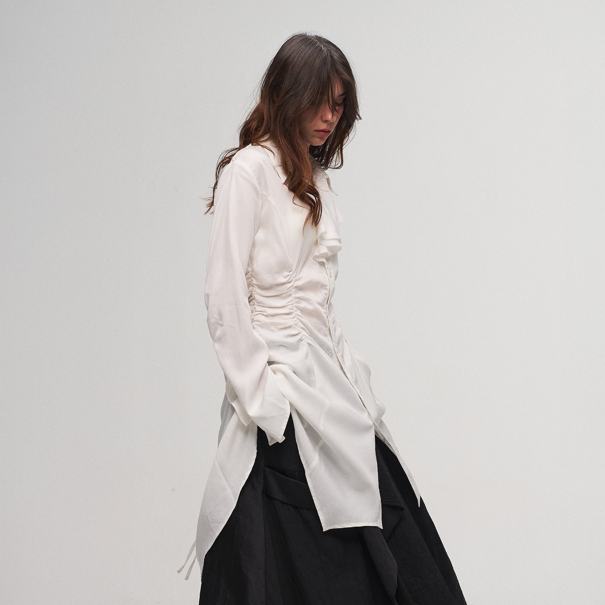 ILNya Nieternite Nifutur Ruched Waist Ruffle-Neck Long Shirt, premium urban and streetwear designers apparel on PROJECTISR.com, ILNya Nieternite Nifutur
