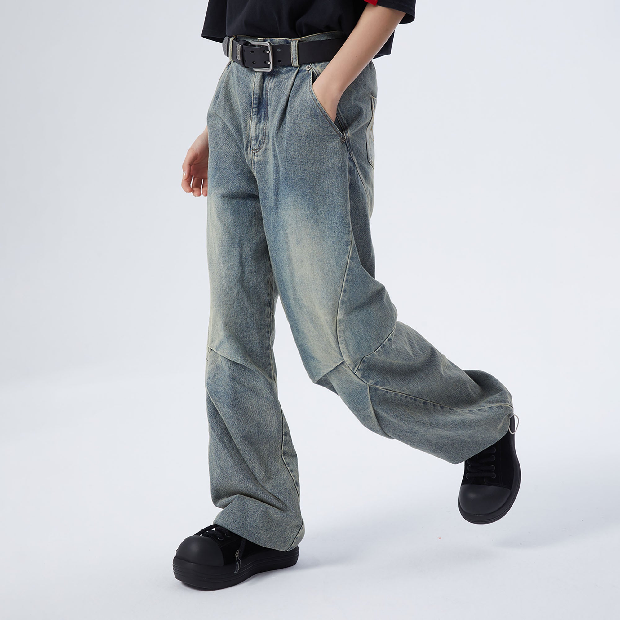 ERROR CODE ROBOT Washed Curved Pleated- Knee Jeans, premium urban and streetwear designers apparel on PROJECTISR.com, ERROR CODE ROBOT