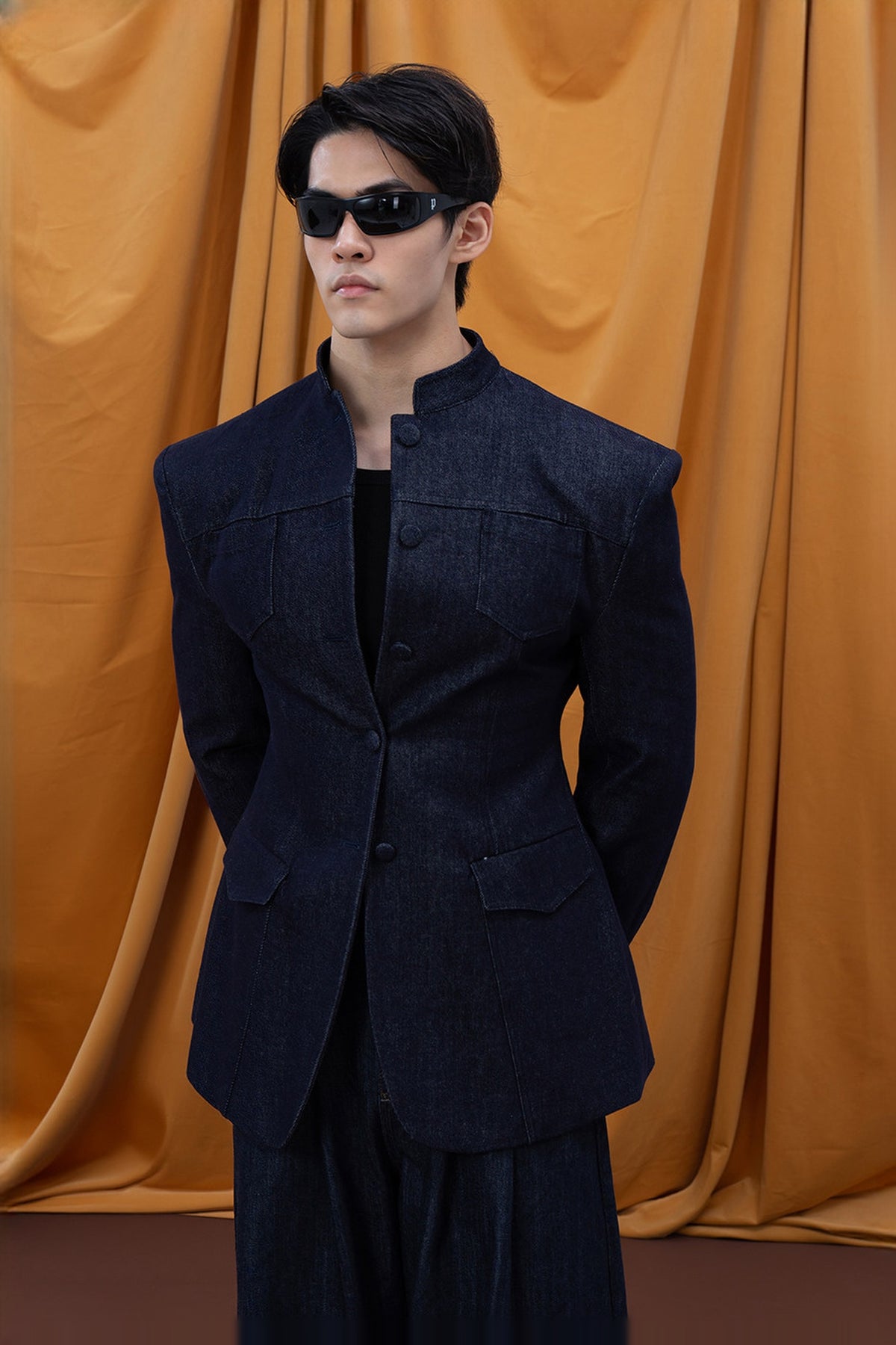 CLP Mandarin Collar Multi-Pocket Fitted Denim Jacket — half body
