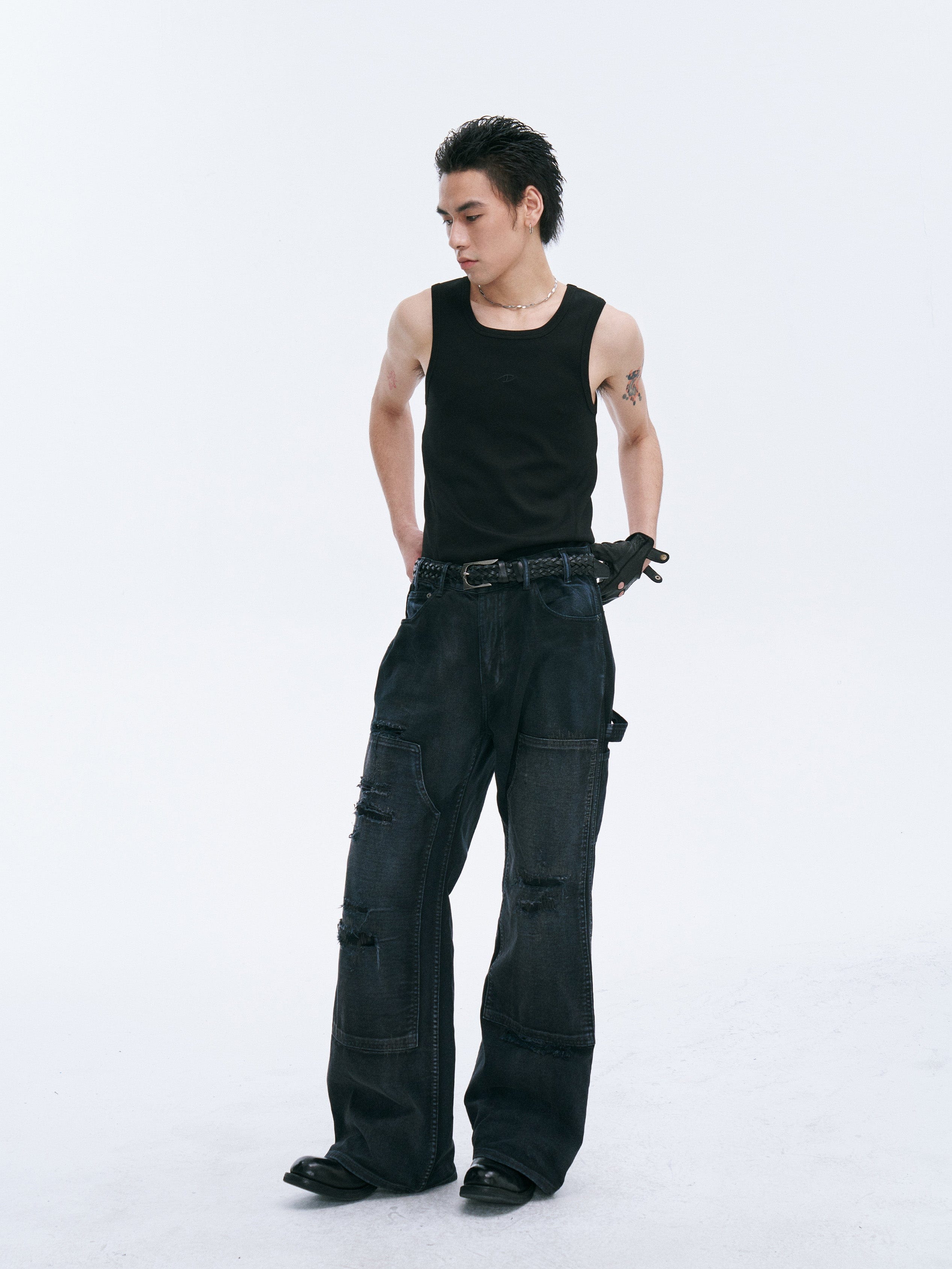 CATSSTAC Distressed Double-Knee Carpenter Straight-Leg Jeans Black, premium urban and streetwear designers apparel on PROJECTISR.com, CATSSTAC
