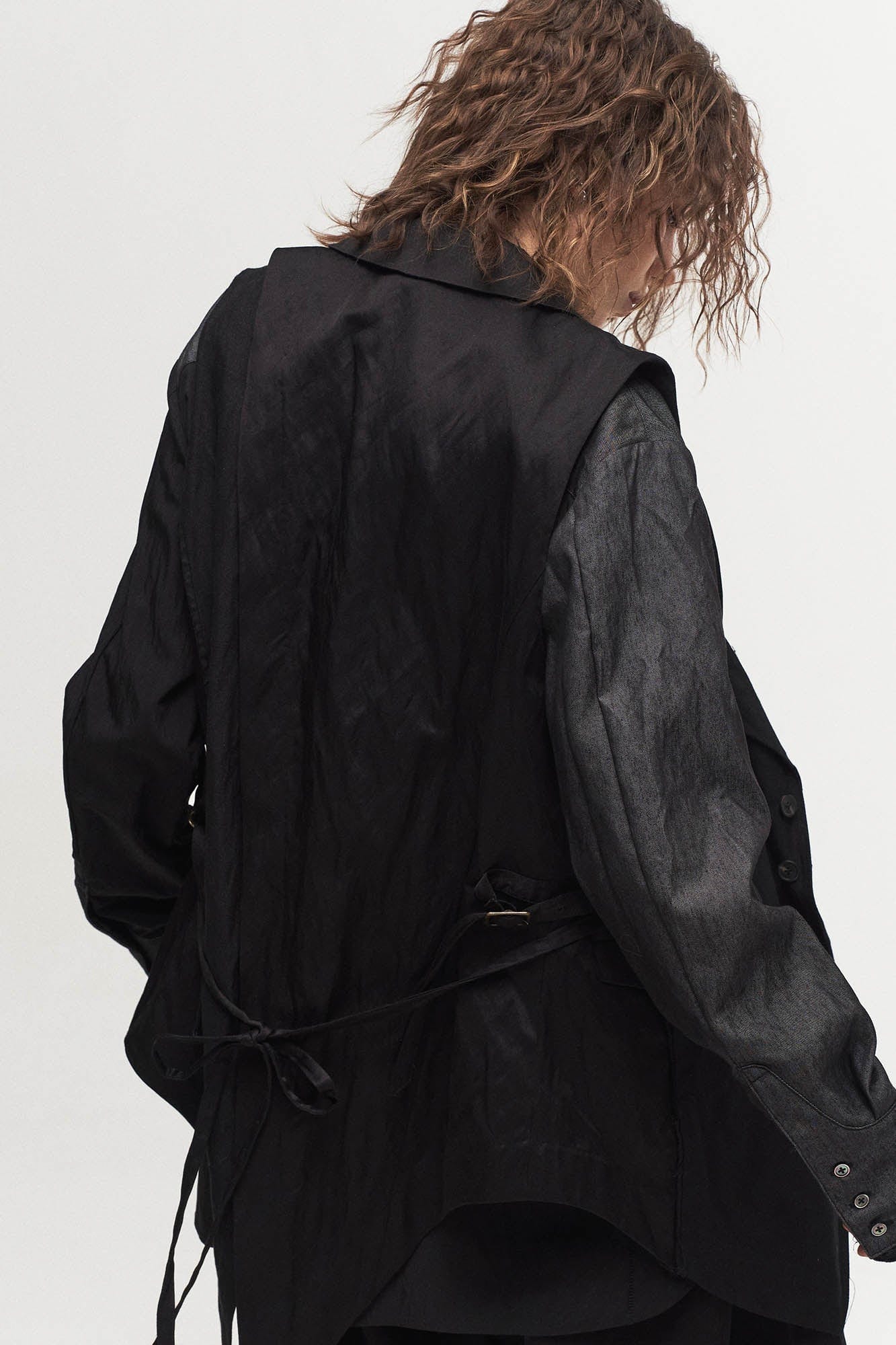ILNya Nieternite Nifutur Asymmetrical Shawl Collar Belted Crinkled Vest, premium urban and streetwear designers apparel on PROJECTISR.com, ILNya Nieternite Nifutur