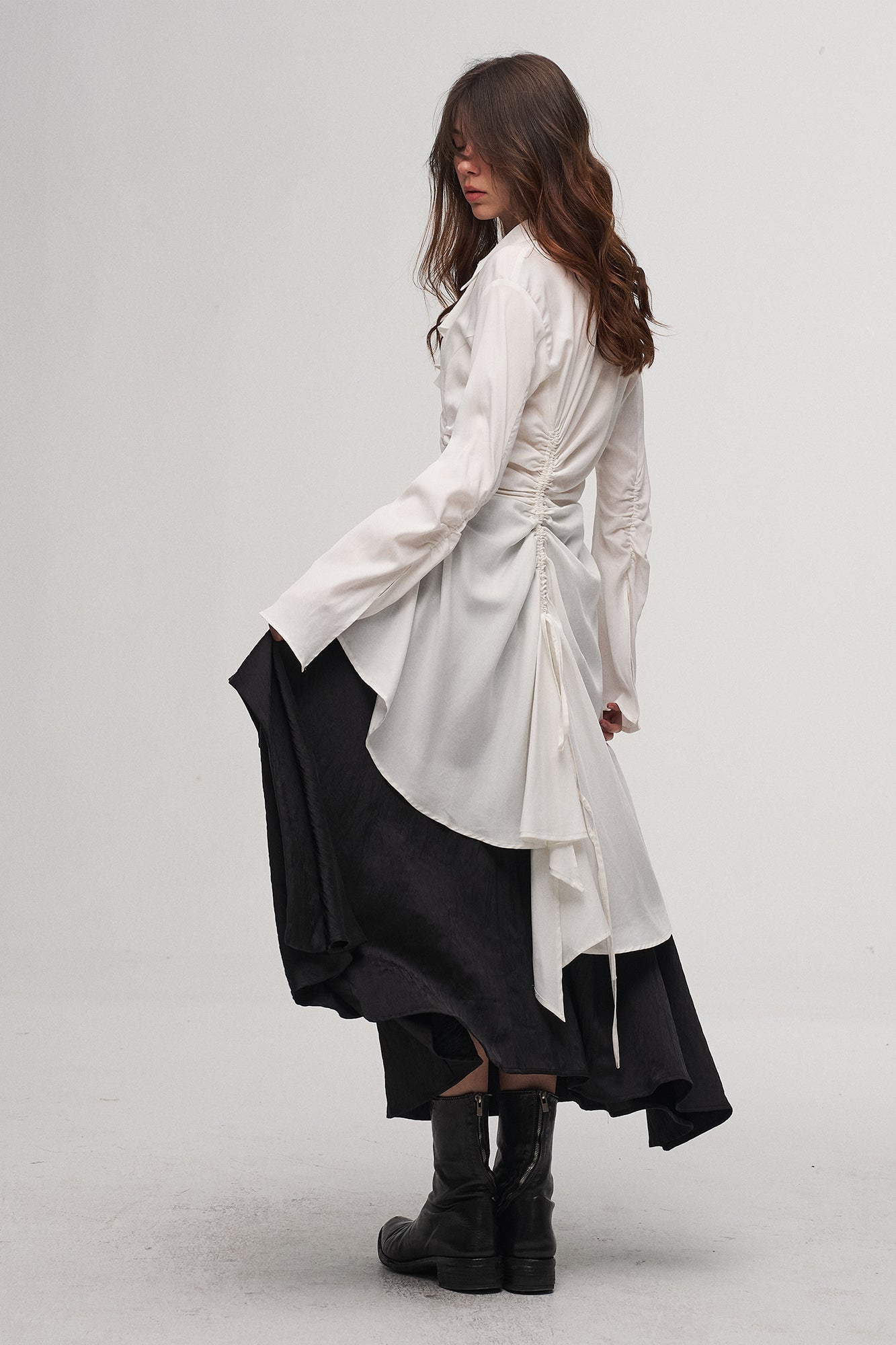 ILNya Nieternite Nifutur Ruched Waist Ruffle-Neck Long Shirt, premium urban and streetwear designers apparel on PROJECTISR.com, ILNya Nieternite Nifutur