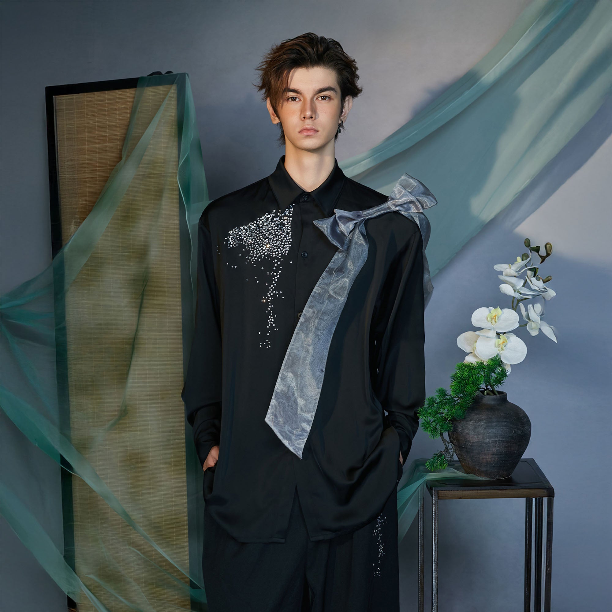JIECHI Organza-Bow & Diamond Shirt, premium urban and streetwear designers apparel on PROJECTISR.com, JIECHI