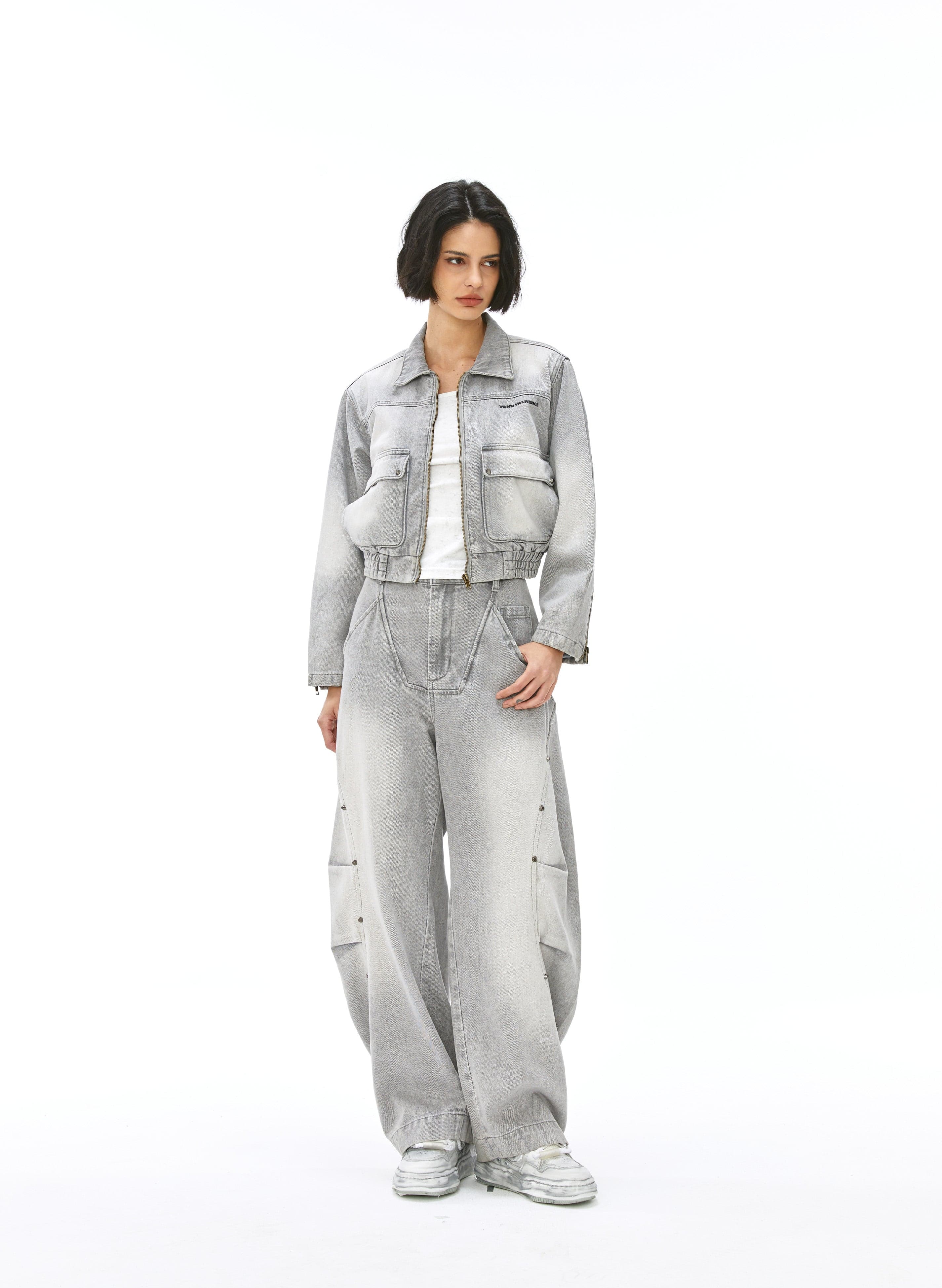 VANN VALRENCE Washed Riveted Curved-Seam Denim Pants