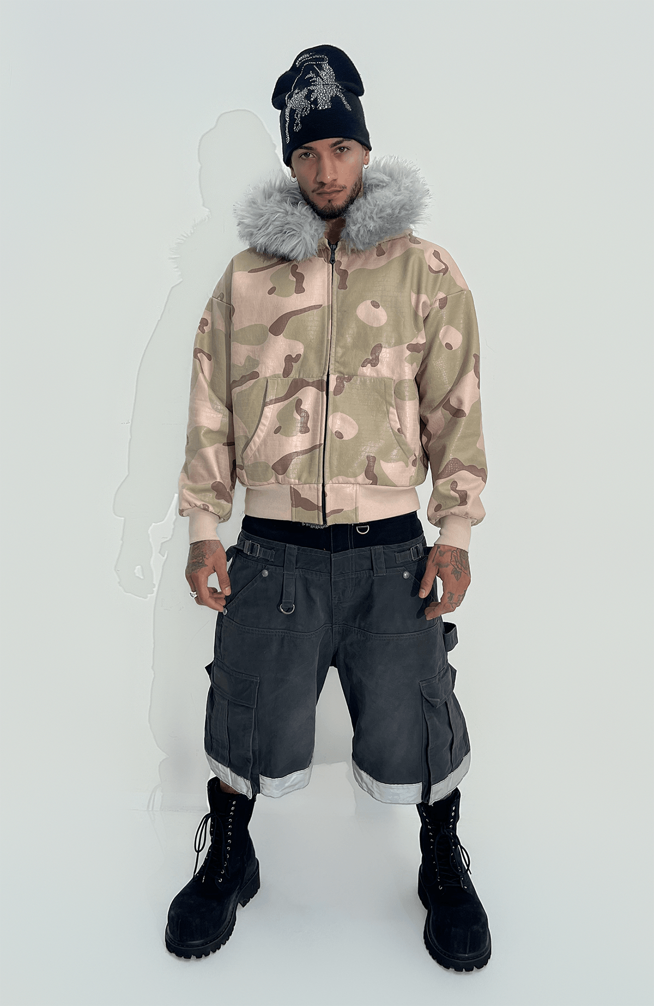 TECNINEGROUP Camo Waxed Faux Fur Hooded Jacket