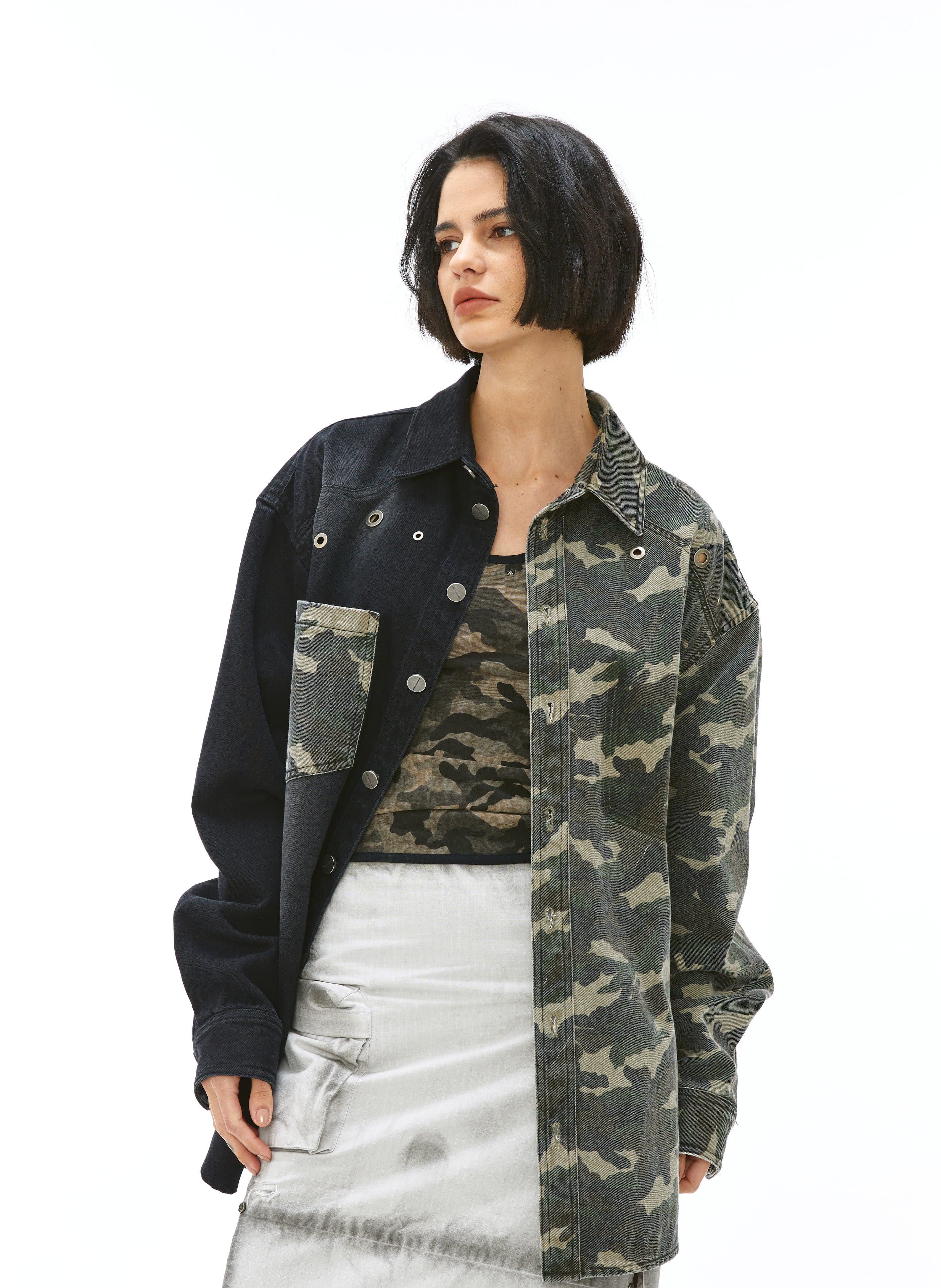 VANN VALRENCE Paneled Camo Denim Shirt
