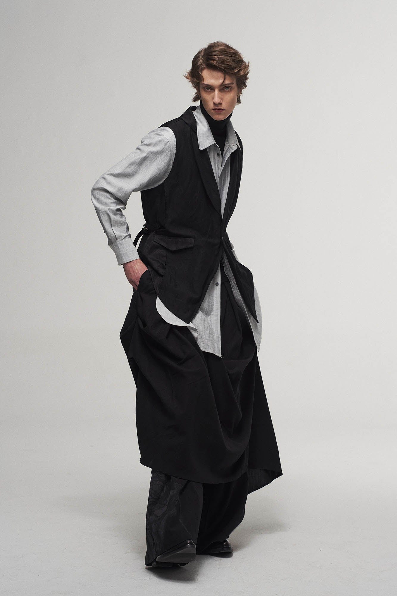 ILNya Nieternite Nifutur Asymmetrical Shawl Collar Belted Crinkled Vest, premium urban and streetwear designers apparel on PROJECTISR.com, ILNya Nieternite Nifutur
