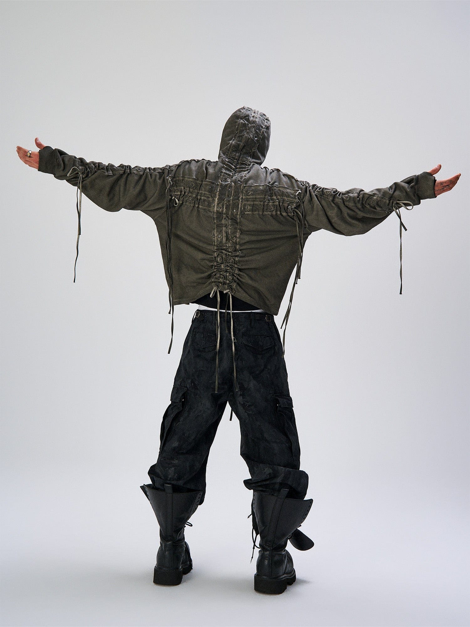 FLYERRER Distressed Drawstring Ruched Hooded Jacket, premium urban and streetwear designers apparel on PROJECTISR.com, FLYERRER