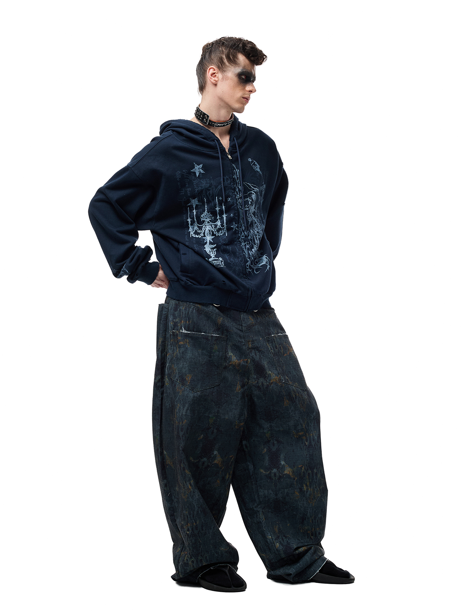 CYCYCY Washed Mottled Flame Graphic Denim Pants