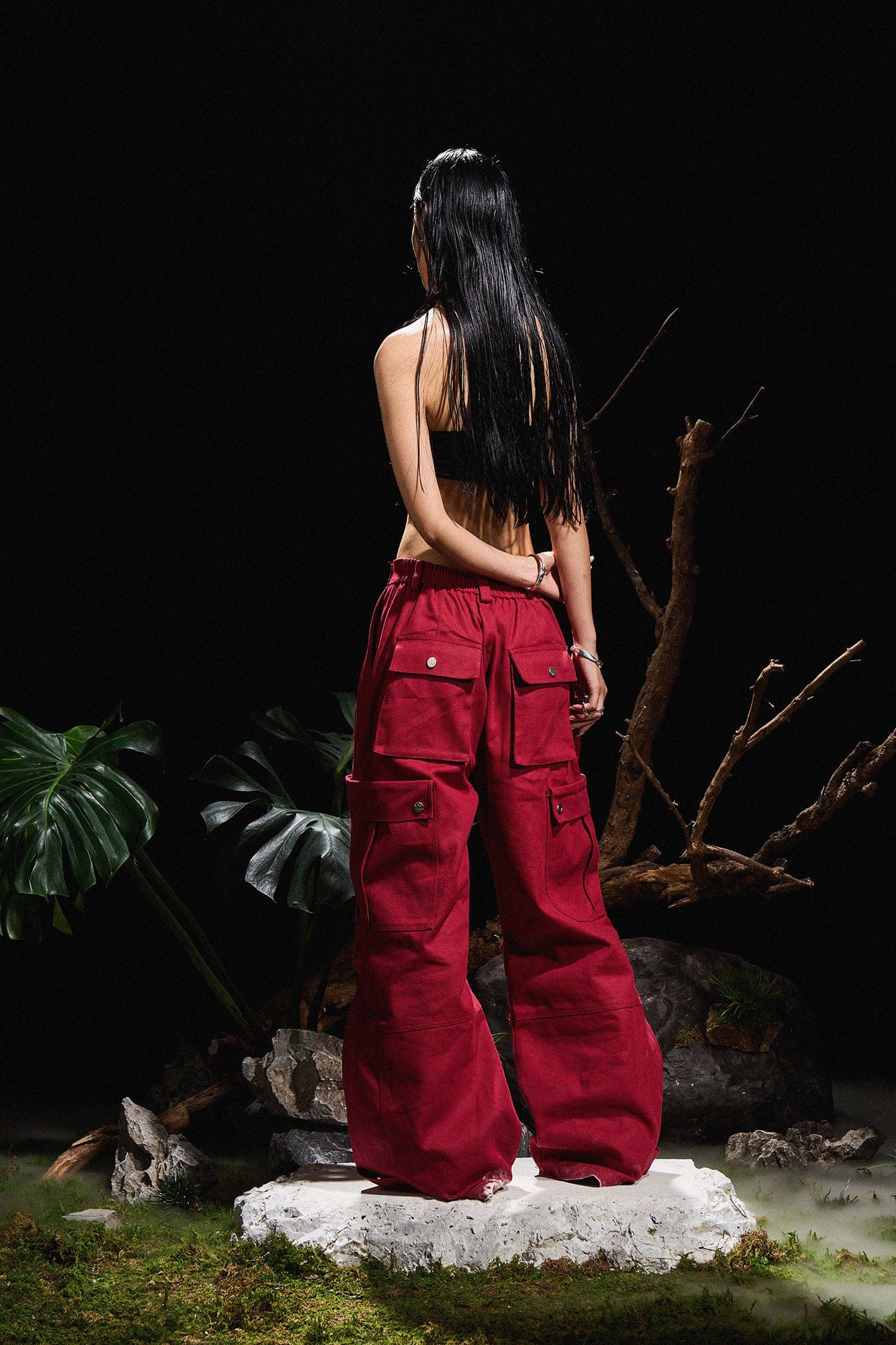 RELABEL Multi-Pocket Oversized Workwear Cargo Pants Red, premium urban and streetwear designers apparel on PROJECTISR.com, RELABEL