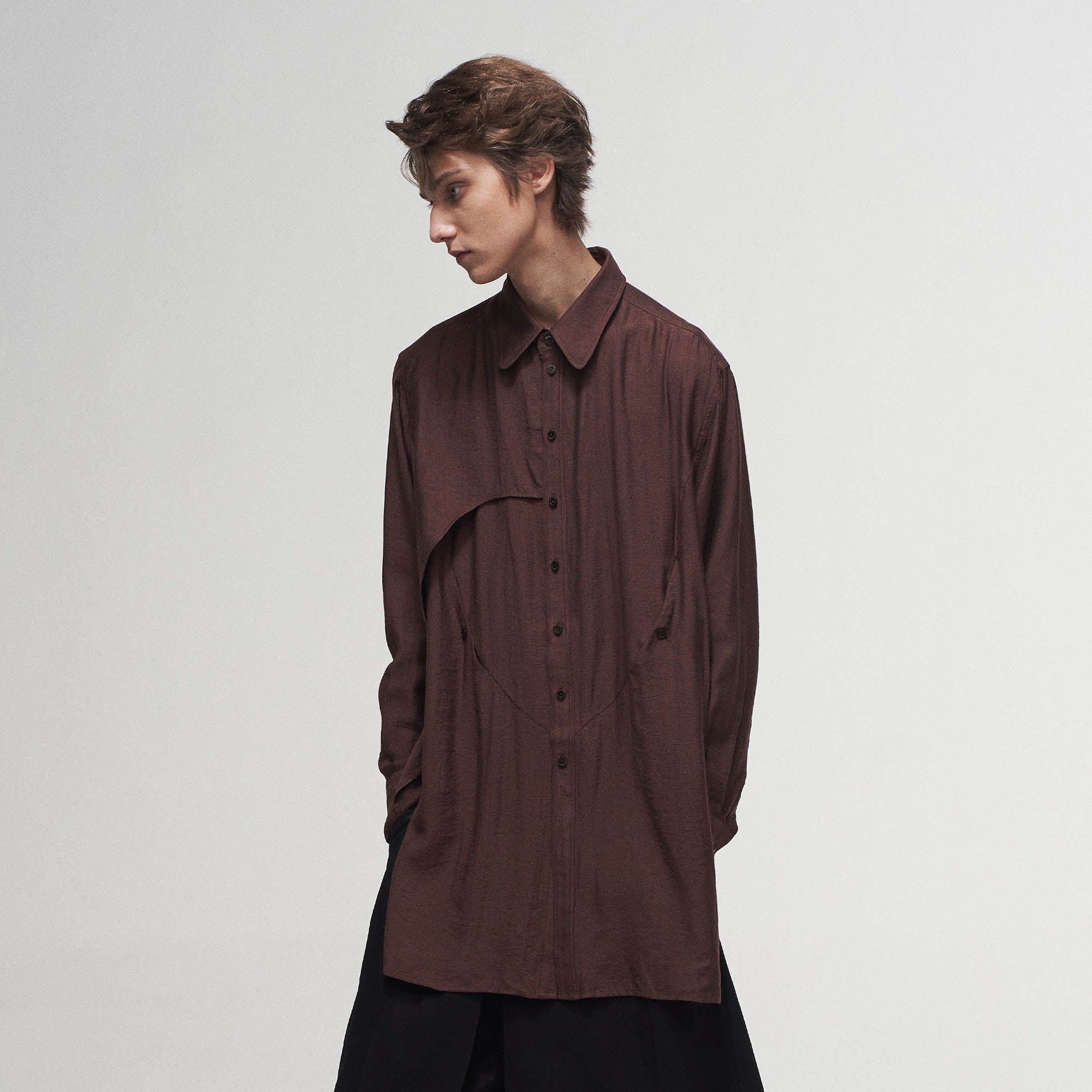 ILNya Nieternite Nifutur Arc Spliced Draped Long Shirt Burgundy, premium urban and streetwear designers apparel on PROJECTISR.com, ILNya Nieternite Nifutur