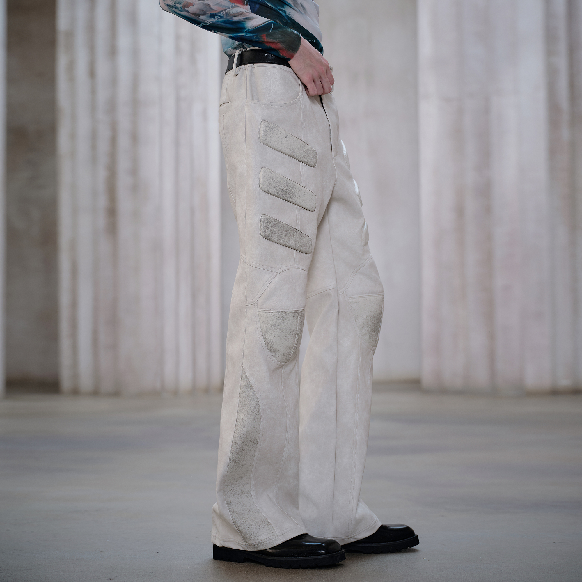 FACEONLAB Panel Armored Faux Leather Biker Pants White, premium urban and streetwear designers apparel on PROJECTISR.com, FACEONLAB