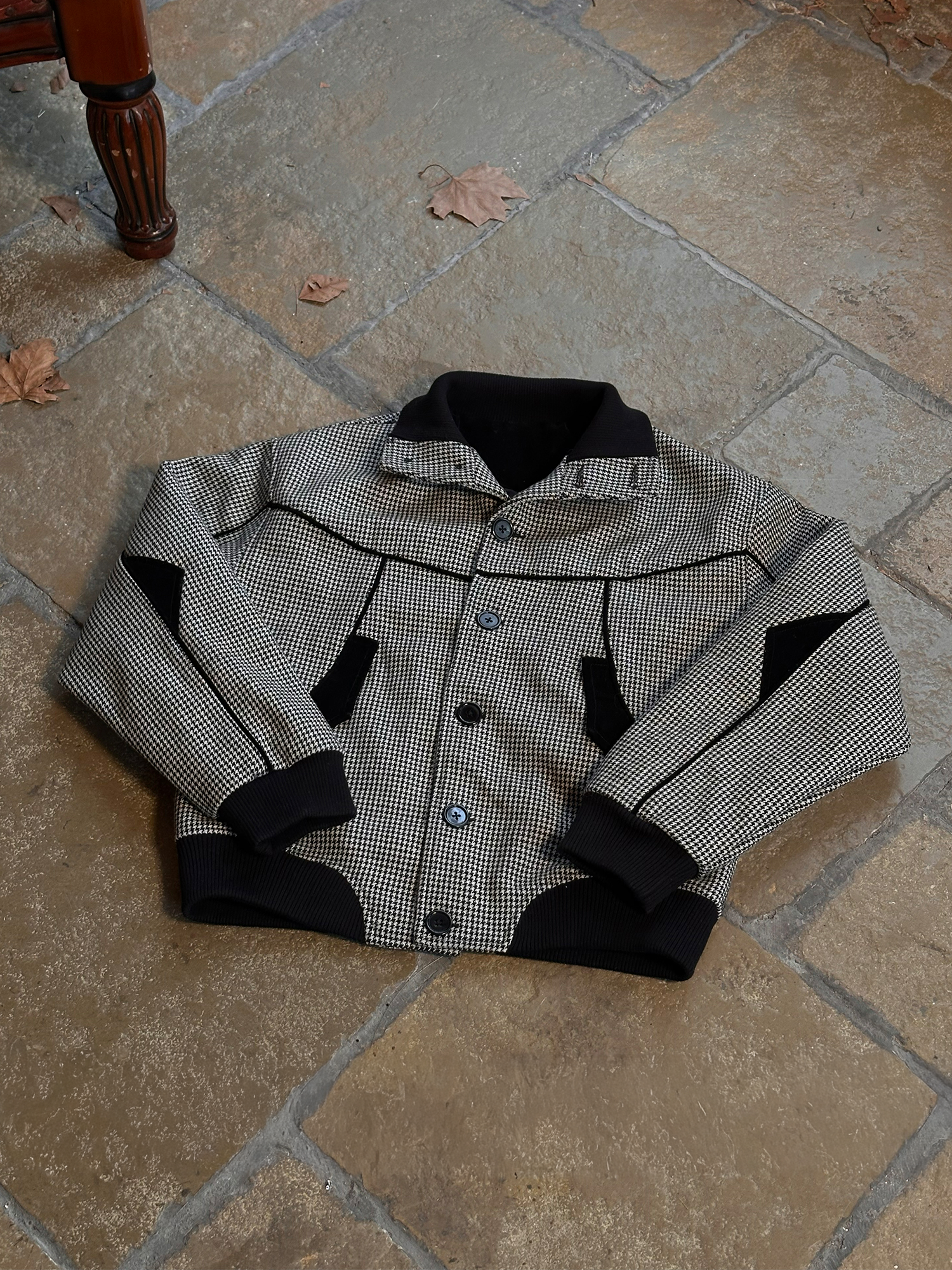 ESAIAS Houndstooth Panel Stand Collar Wool-Blend Jacket