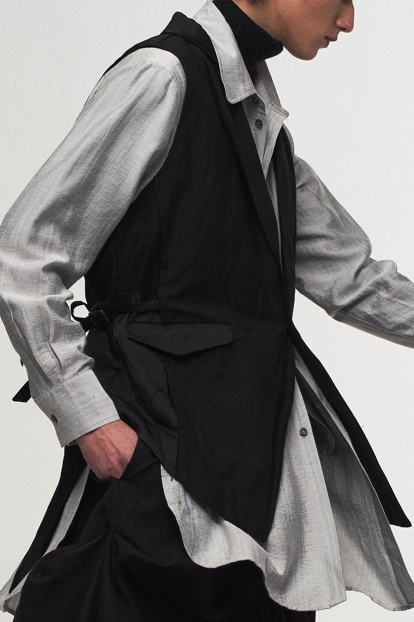 ILNya Nieternite Nifutur Asymmetrical Shawl Collar Belted Crinkled Vest, premium urban and streetwear designers apparel on PROJECTISR.com, ILNya Nieternite Nifutur