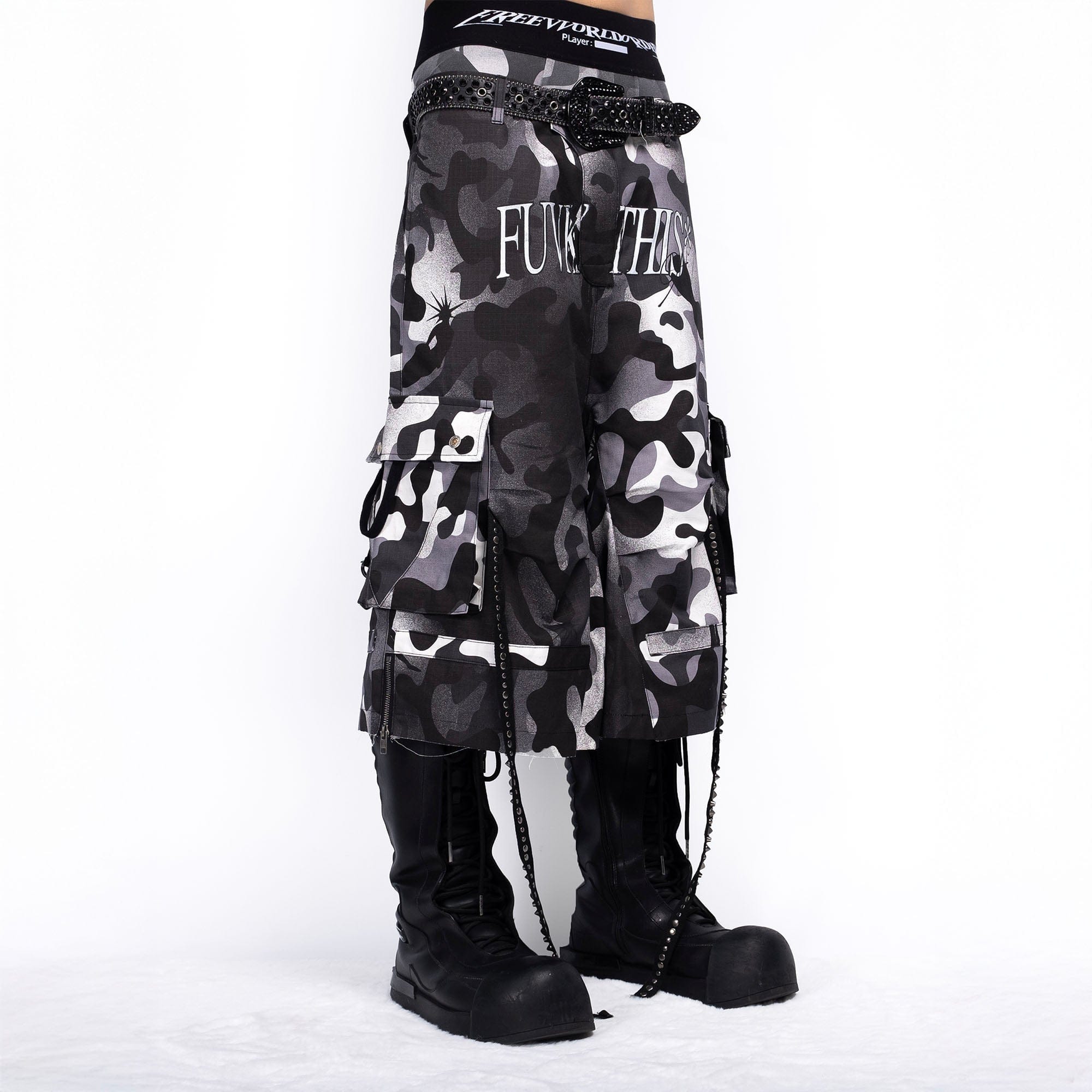 FVVO Distressed Rivet Strap Cargo Shorts Camo, premium urban and streetwear designers apparel on PROJECTISR.com, FVVO