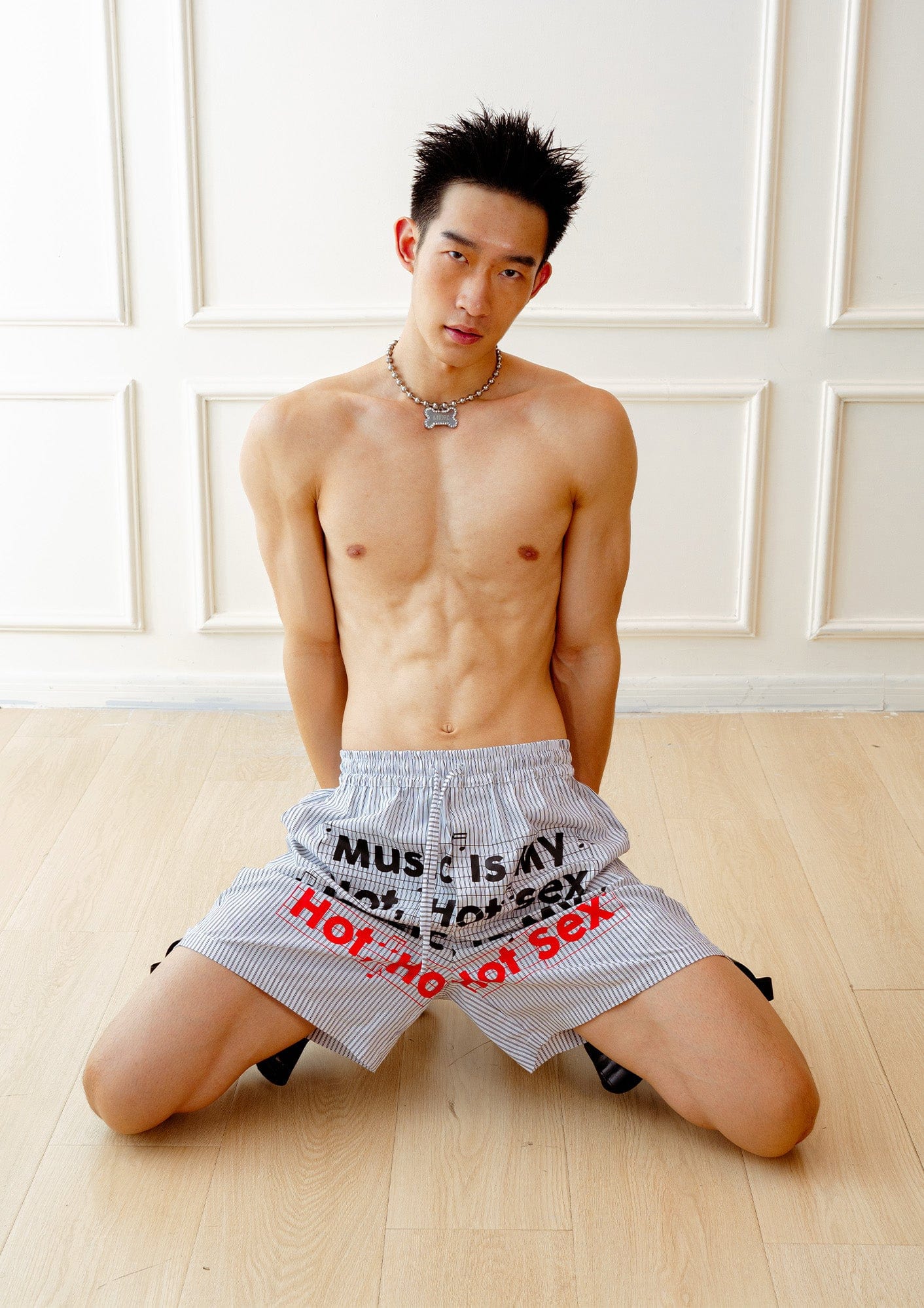 KADAKADA Stripe Slogan Graphic Lounge Shorts, premium urban and streetwear designers apparel on PROJECTISR.com, KADAKADA