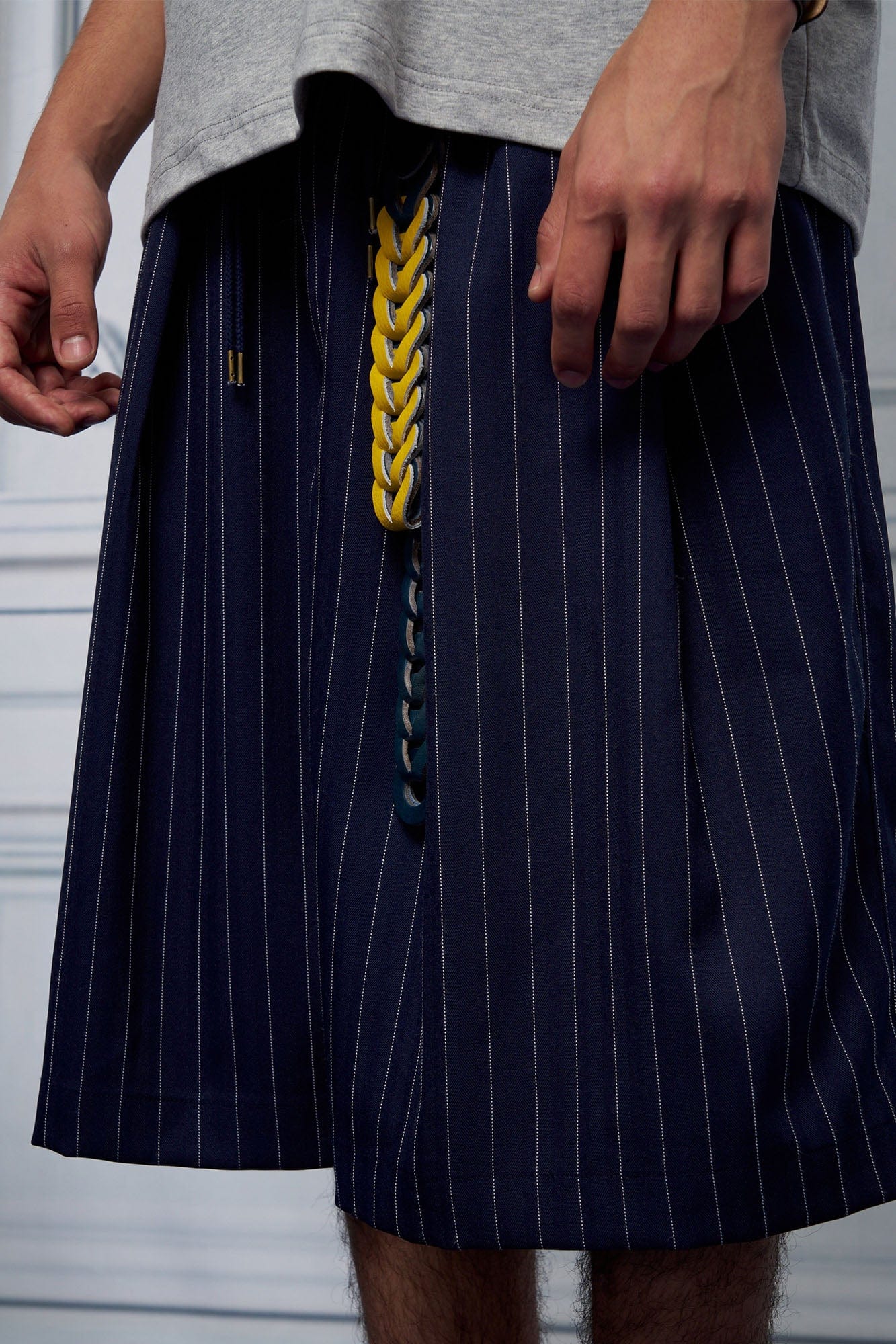 UNLIMITED MOTE Pleated Wide-Leg Drawstring Shorts Stripe, premium urban and streetwear designers apparel on PROJECTISR.com, UNLIMITED MOTE