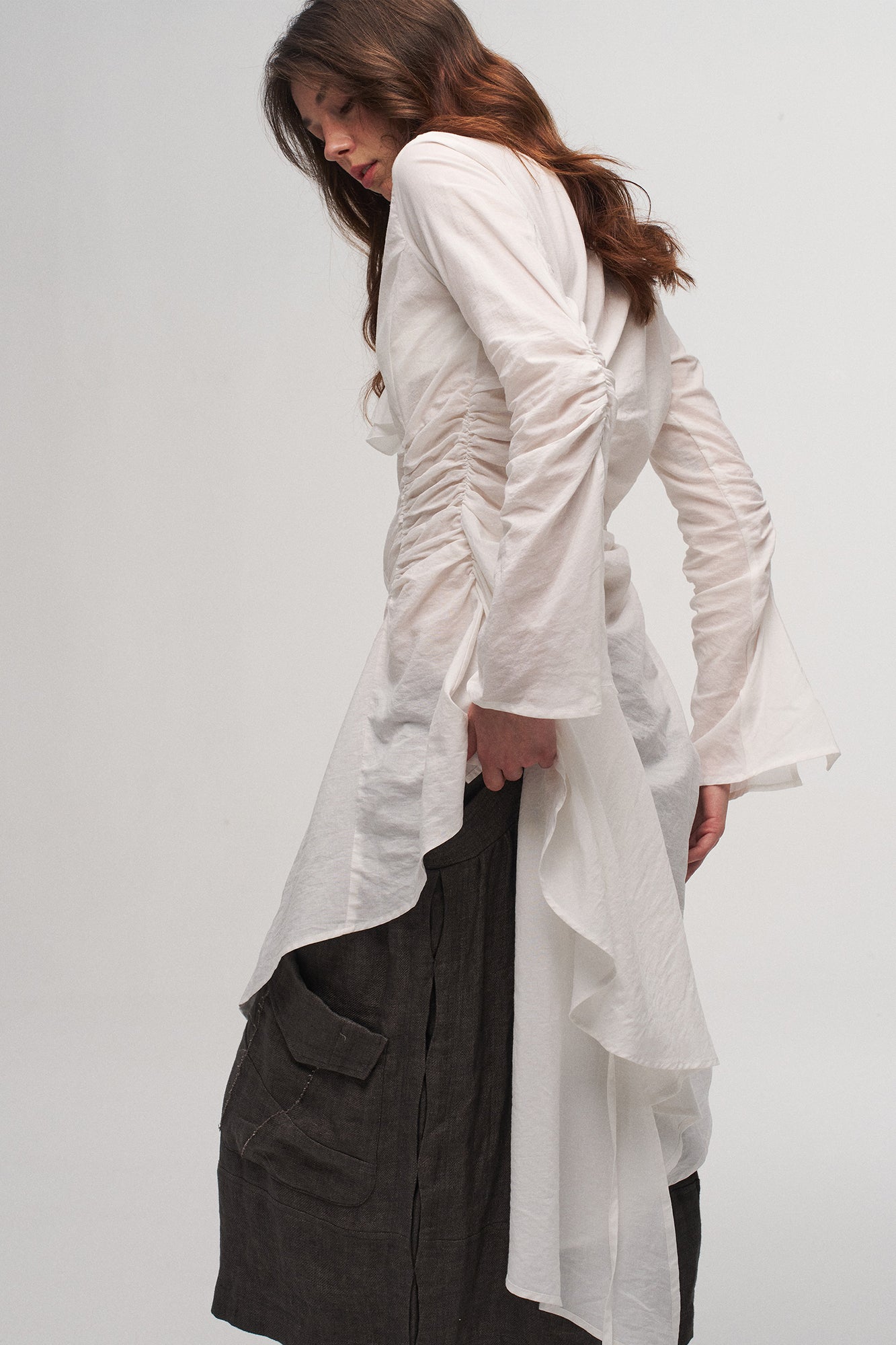 ILNya Nieternite Nifutur Ruched Waist Ruffle-Neck Long Shirt, premium urban and streetwear designers apparel on PROJECTISR.com, ILNya Nieternite Nifutur