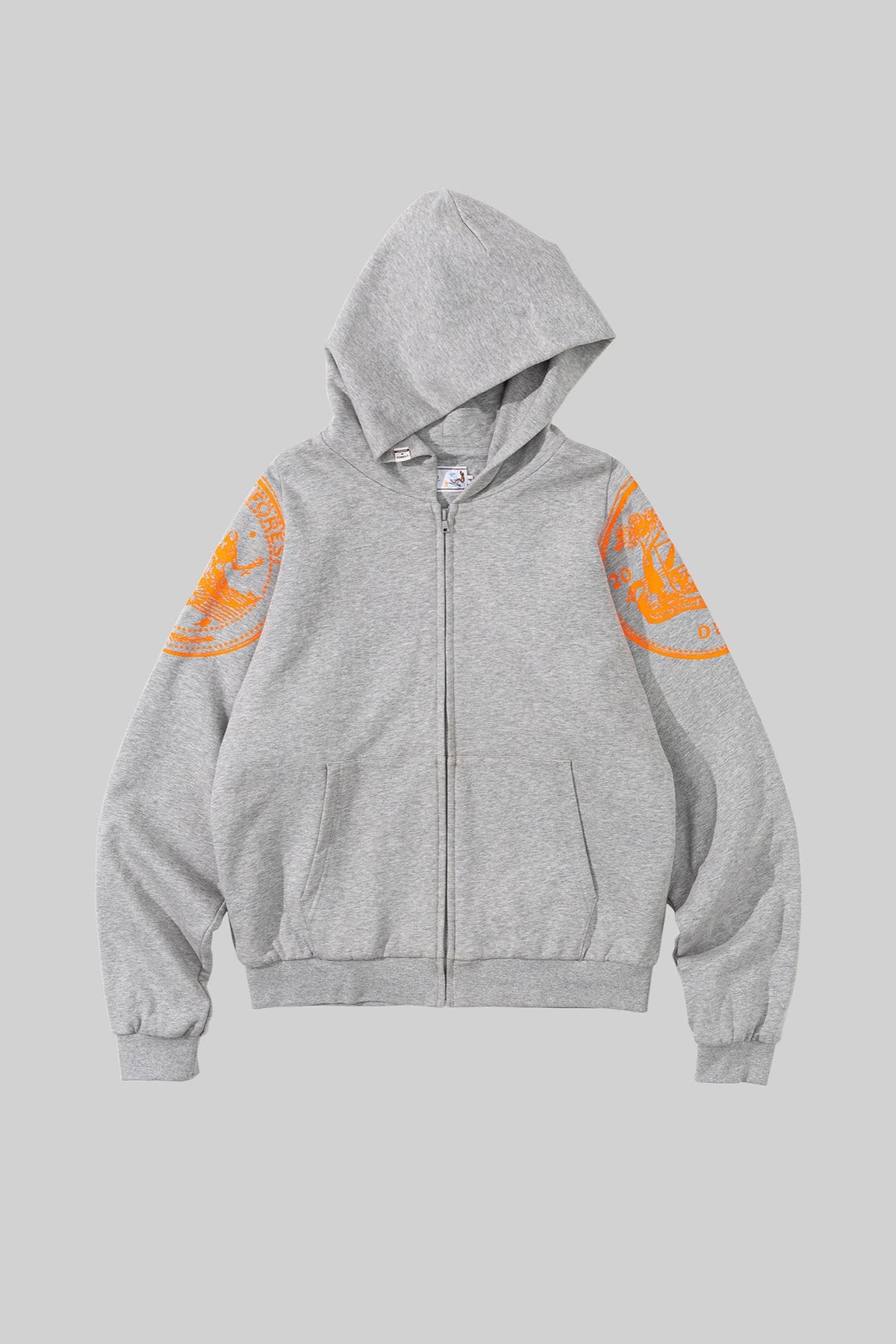 URBAN+FOREST Mythic Coin Graphic Double-Layer Hooded Jacket — flat lay · Gray