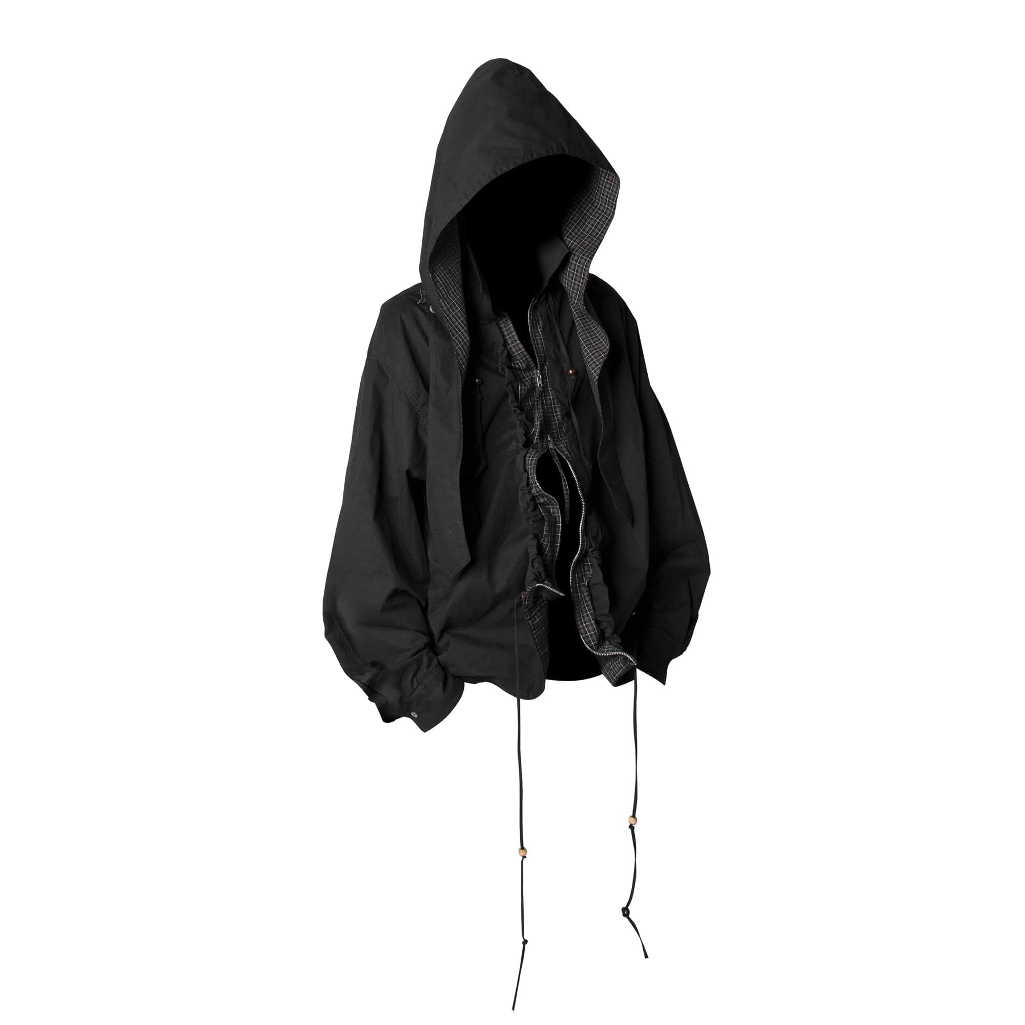 RELABEL Detachable Hood Beaded Ruched Shirt Black, premium urban and streetwear designers apparel on PROJECTISR.com, RELABEL