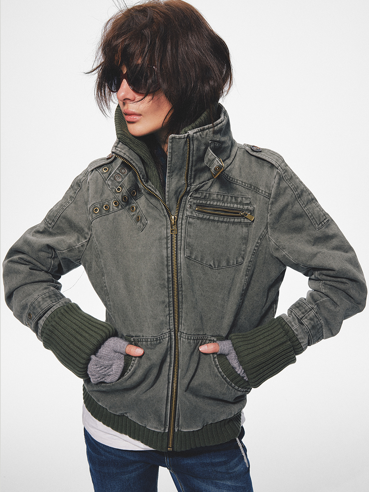 TRECLUB Retro Punk Washed Cross Eyelet Ribbed Collar Padded Jacket, premium urban and streetwear designers apparel on PROJECTISR.com, TRECLUB