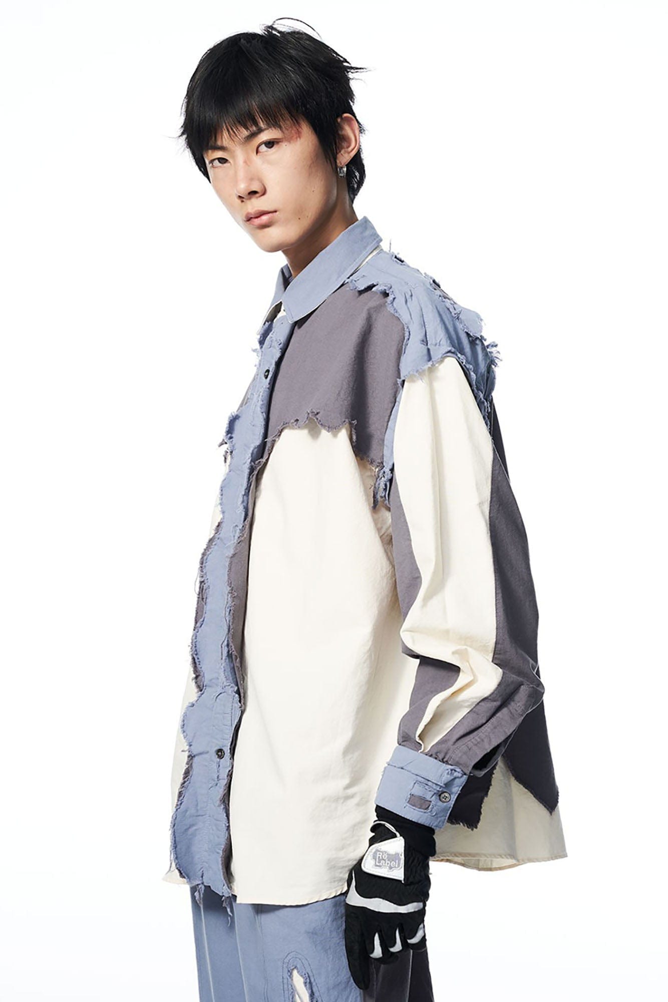 RELABEL Deconstructed Paneled Raw-Edge Frayed Shirt, premium urban and streetwear designers apparel on PROJECTISR.com, RELABEL