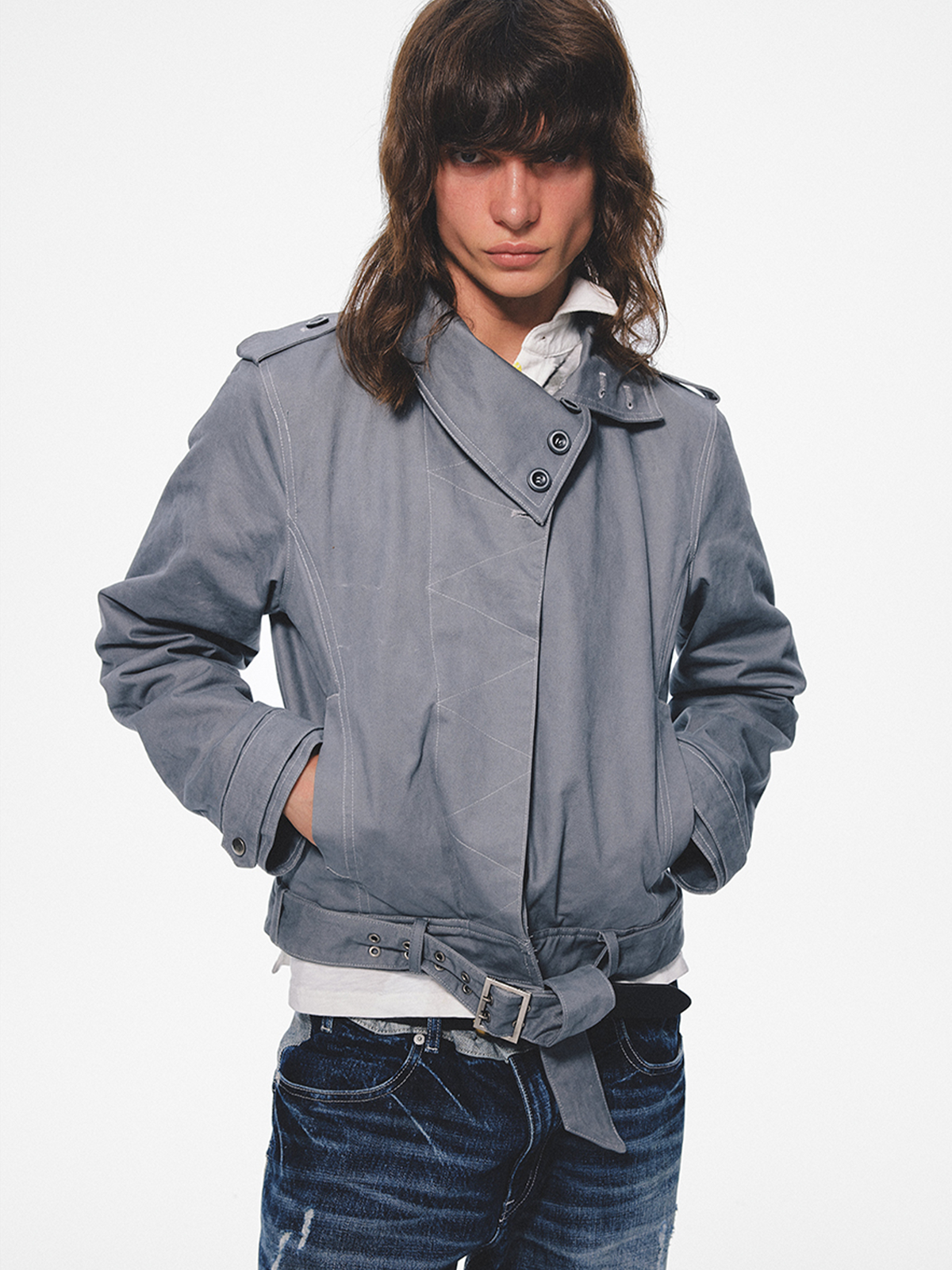 TRECLUB Retro Belted Eyelet Lapel Cotton-Padded Jacket, premium urban and streetwear designers apparel on PROJECTISR.com, TRECLUB