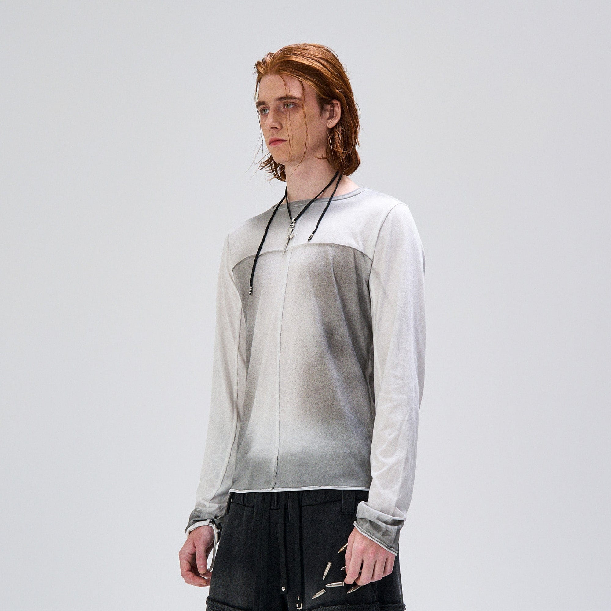 FLYERRER Washed Gradient Cross-Panel Raw-Edge Long-Sleeve Tee, premium urban and streetwear designers apparel on PROJECTISR.com, FLYERRER