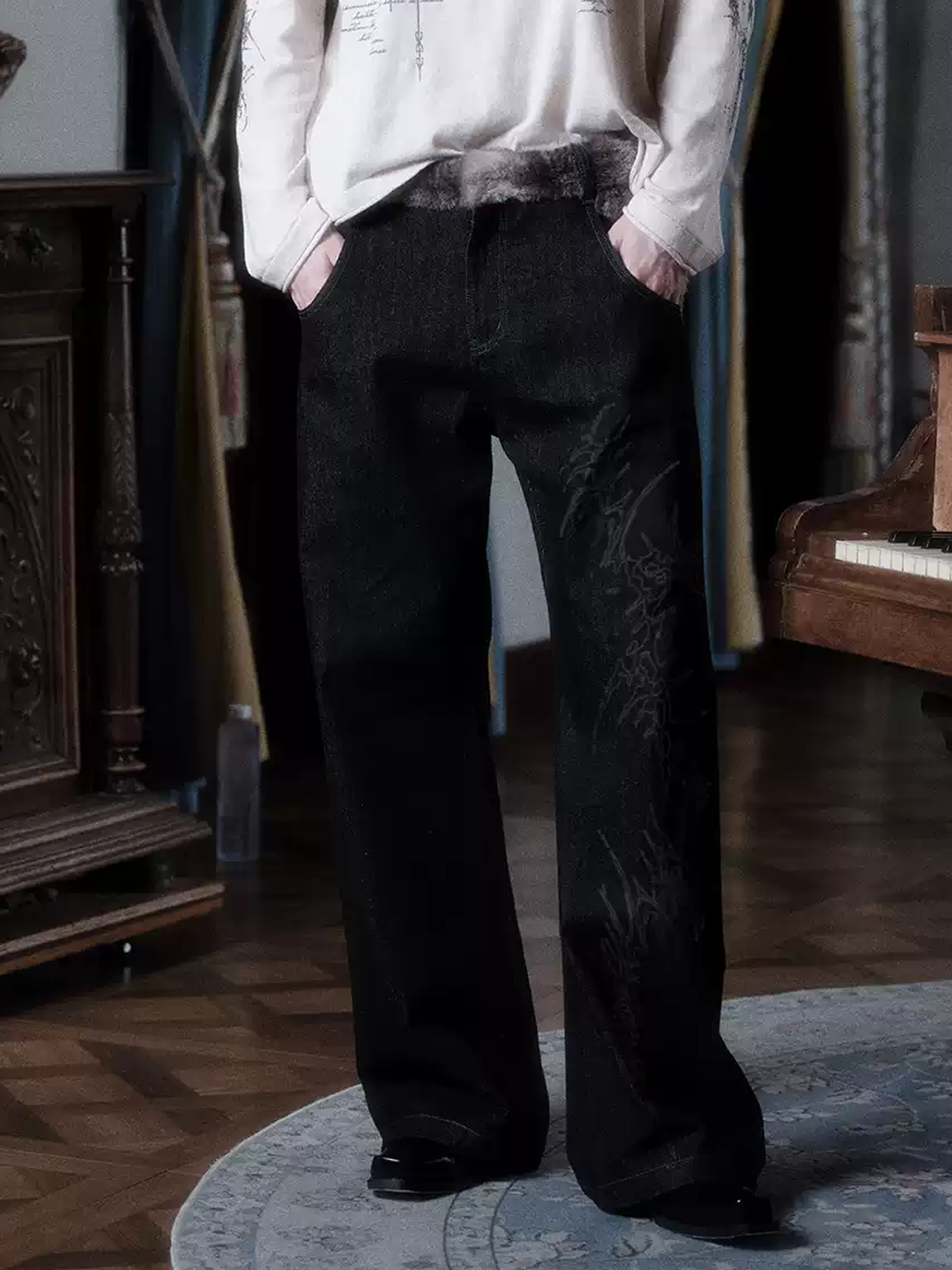 WANNA LAB Laser-Burned Spliced-Waist Jeans