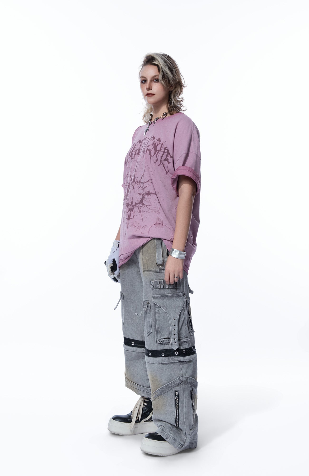 MOGONGSHE Detachable Bleach Washed Utility Cargo Jeans