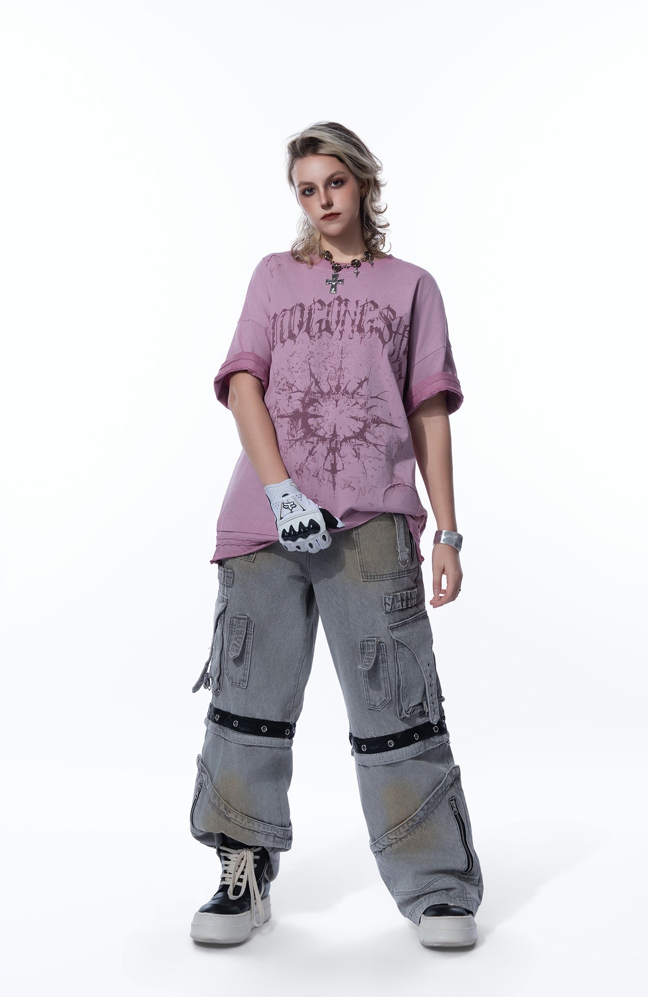 MOGONGSHE Detachable Bleach Washed Utility Cargo Jeans